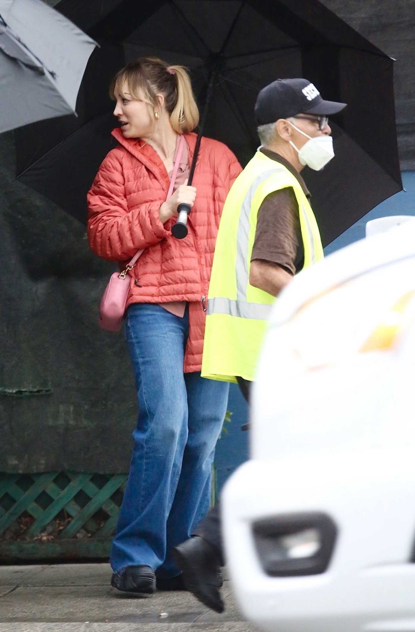 Kaley Cuoco in a Red Jacket on the Set of The Flight Attendant in Los Angeles 10/04/2021
