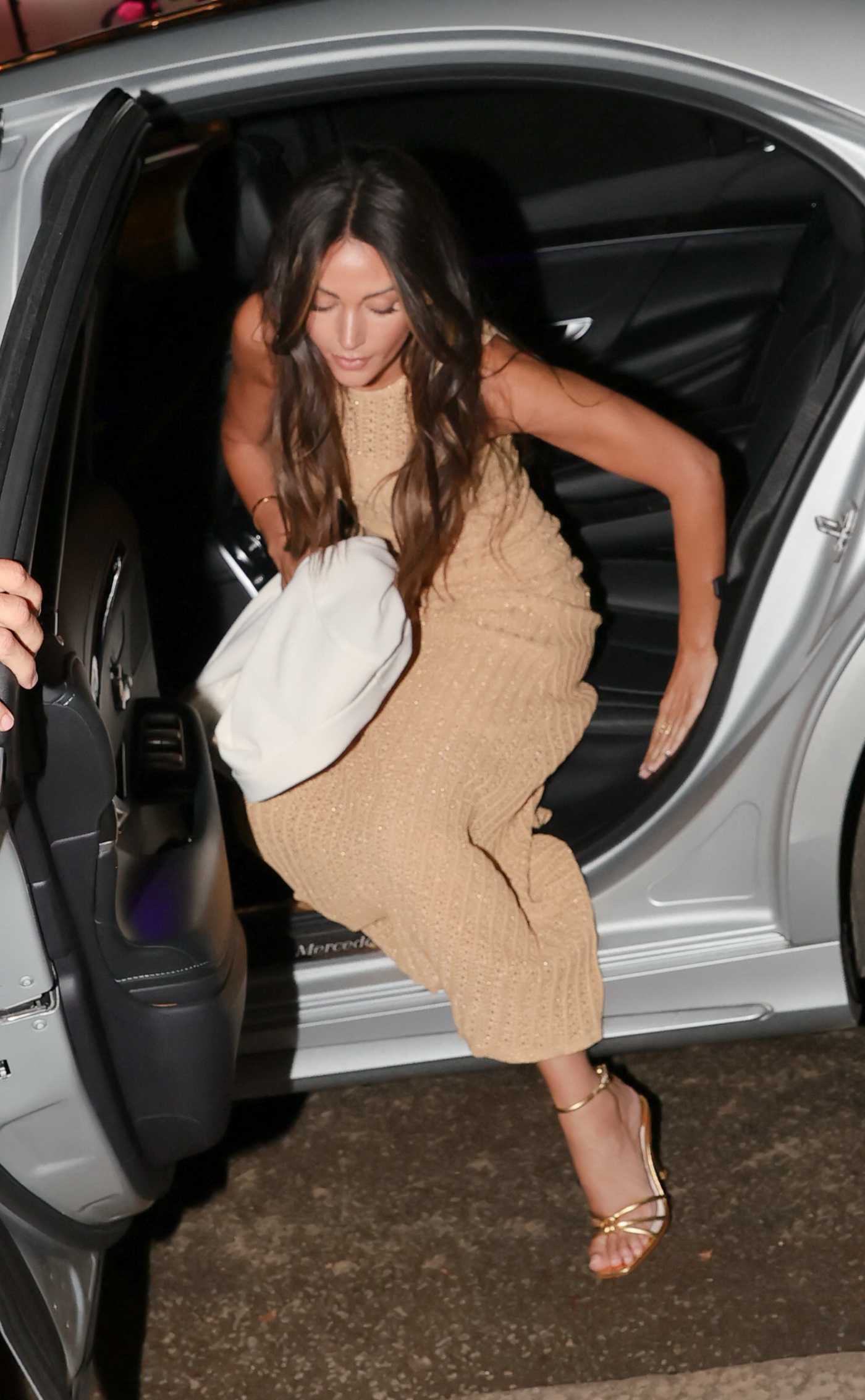 Michelle Keegan in a Beige Knitted Dress Arrives on The One Show in London 10/05/2021