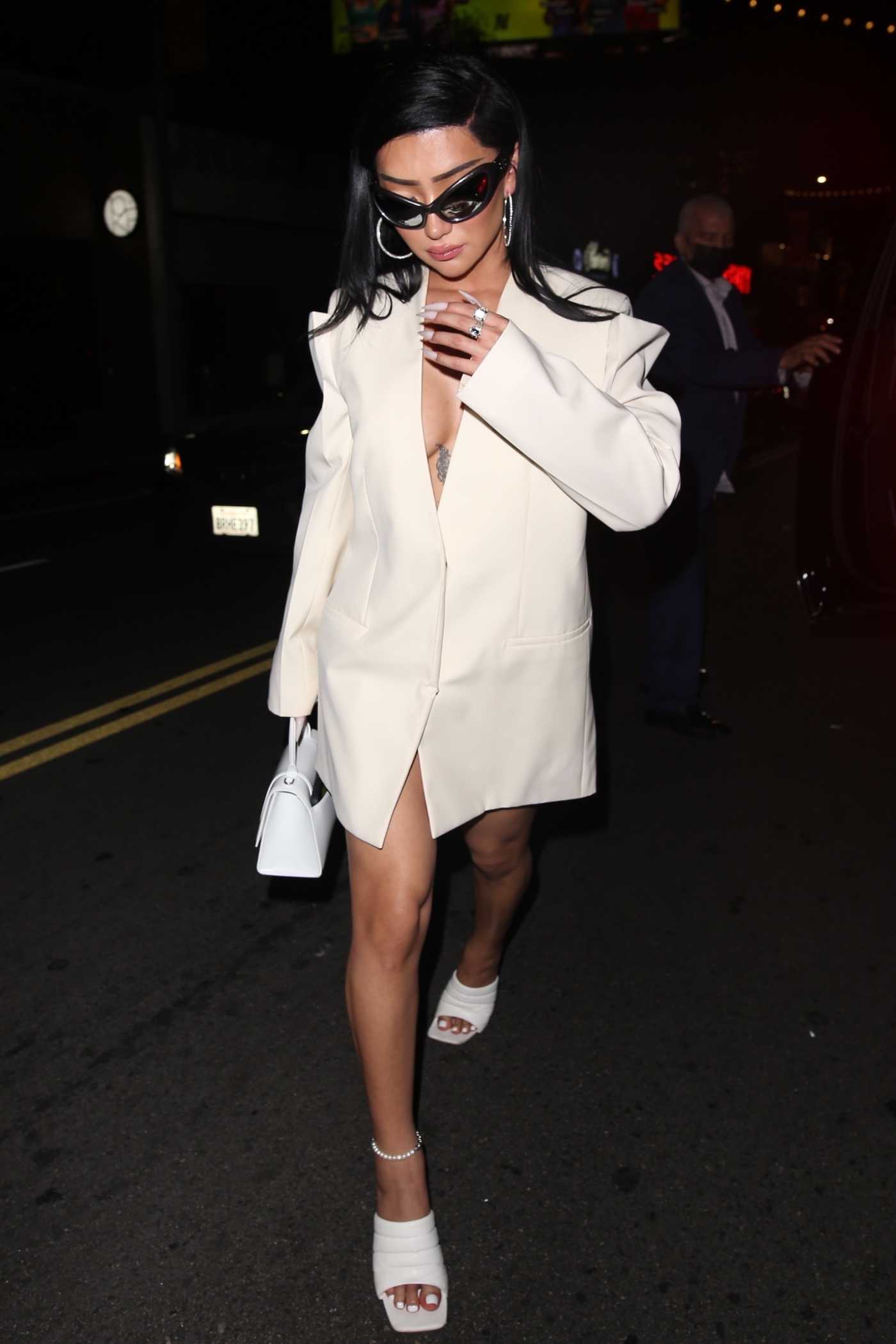 Nikita Dragun in a White Oversized Blazer Arrives to Drake's 35th Birthday in Los Angeles 10/23/2021