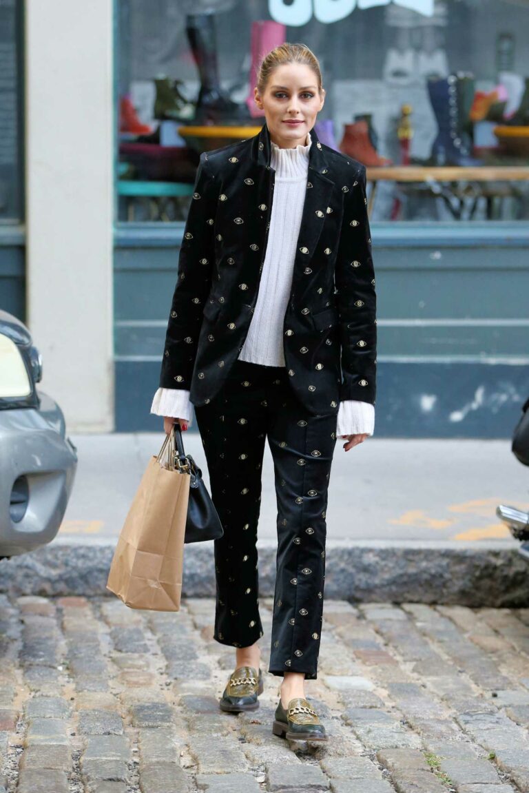 Olivia Palermo in a Black Patterned Pantsuit