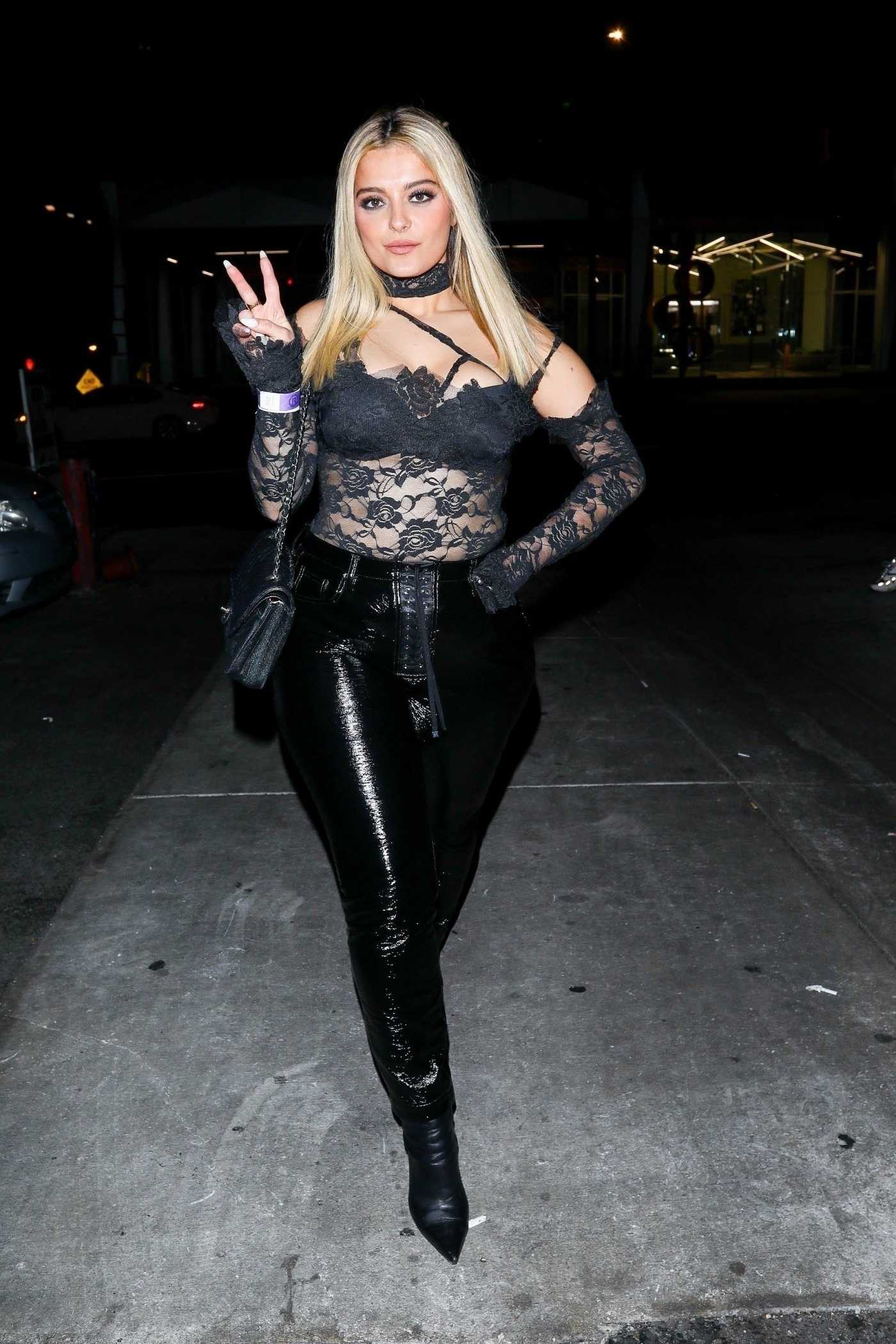 Bebe Rexha in a Black Leather Ensemble Arrives at the Maneskin Concert in Hollywood 11/01/2021