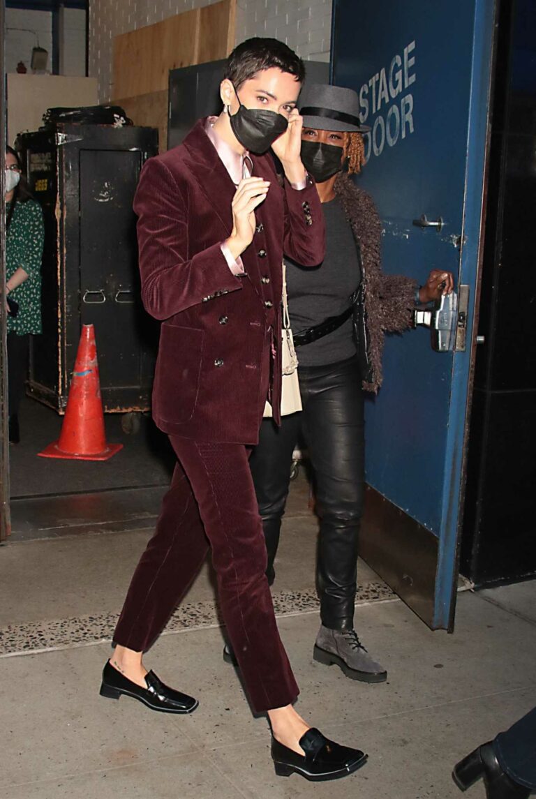 Rebecca Hall in a Burgundy Color Pantsuit