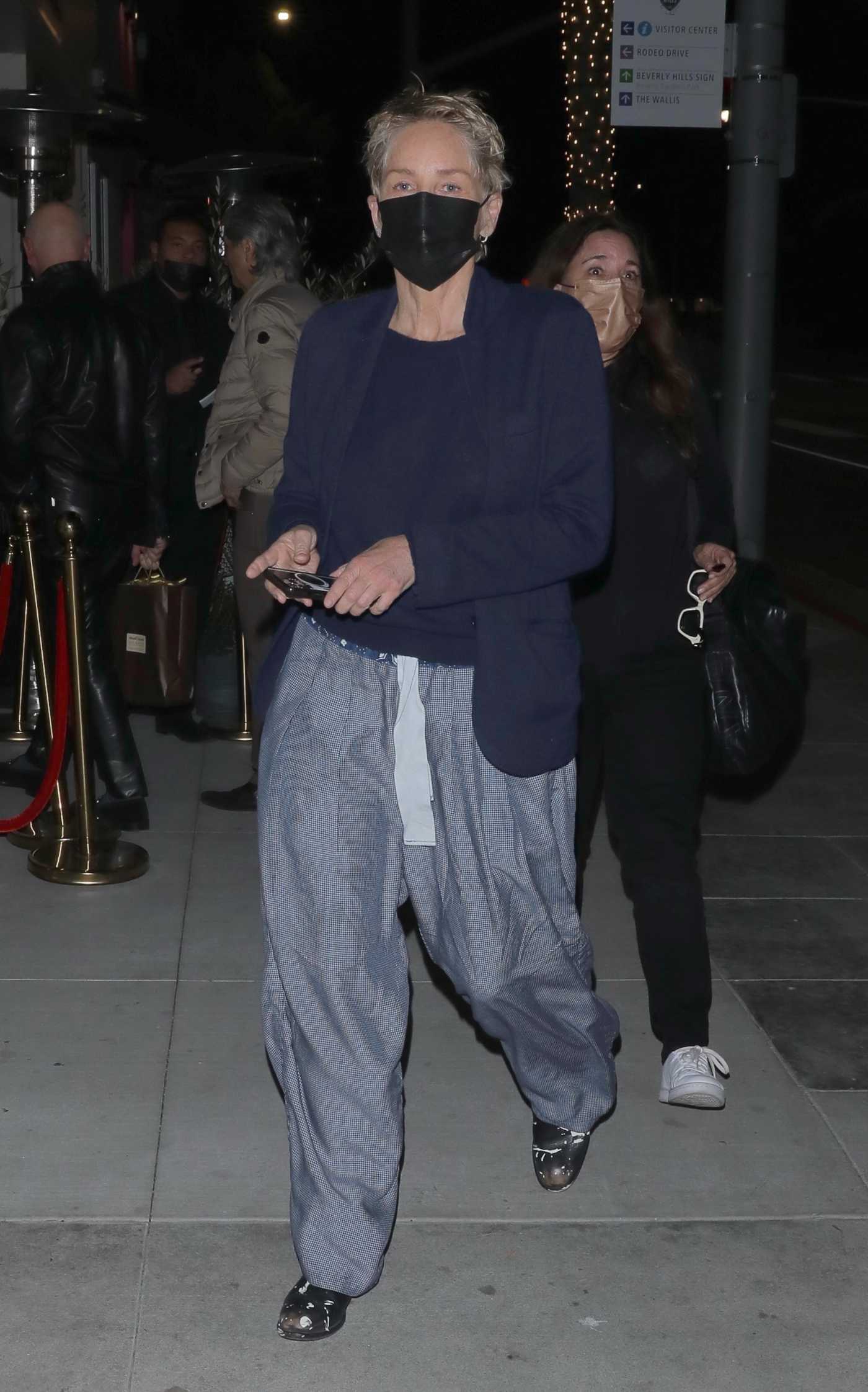 Sharon Stone in a Blue Blazer Leaves Dinner with a Friend in Beverly Hills 11/22/2021