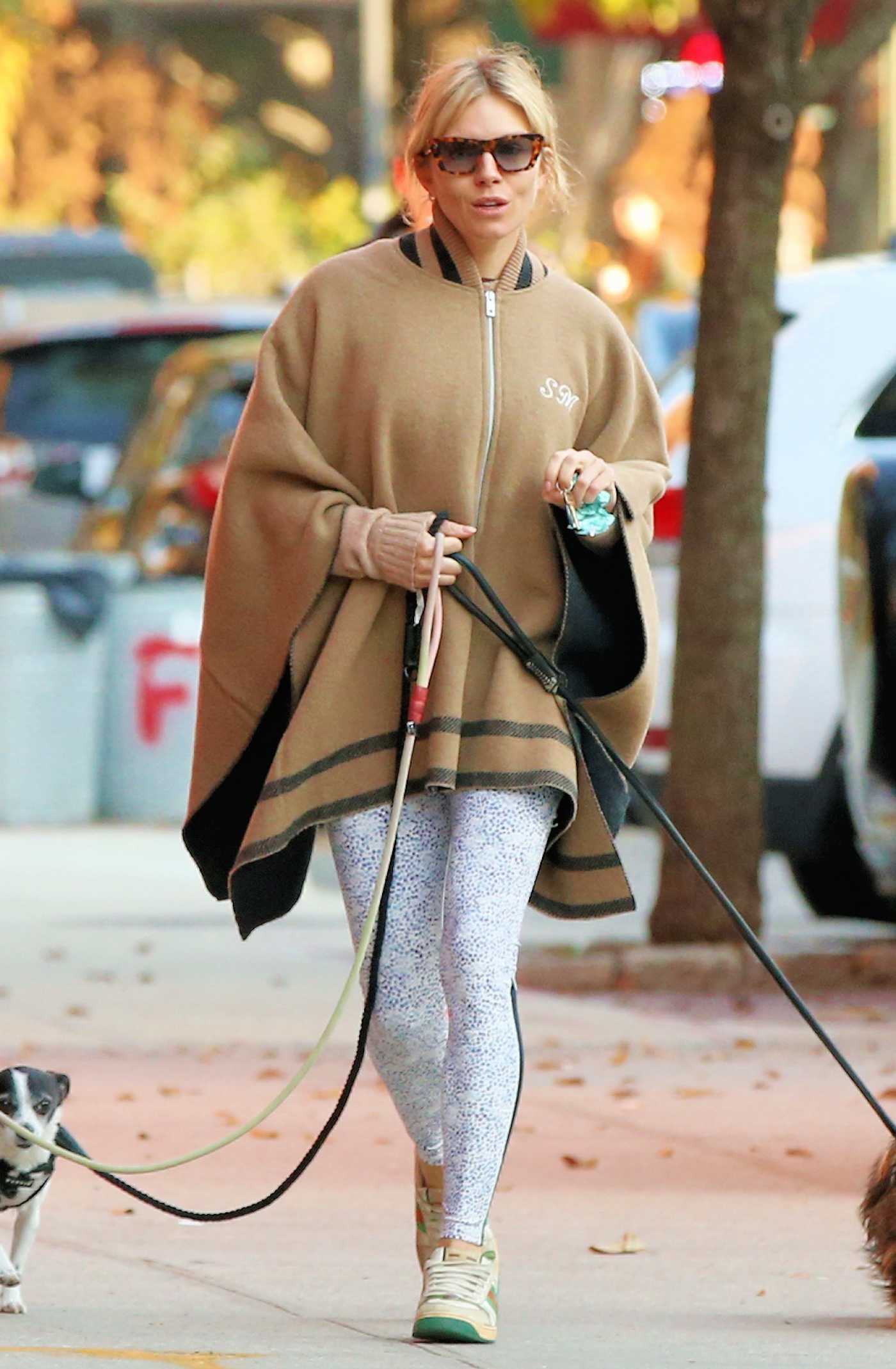 Sienna Miller in a Monogrammed Cape Coat Walks Her Dogs in New York 11/11/2021
