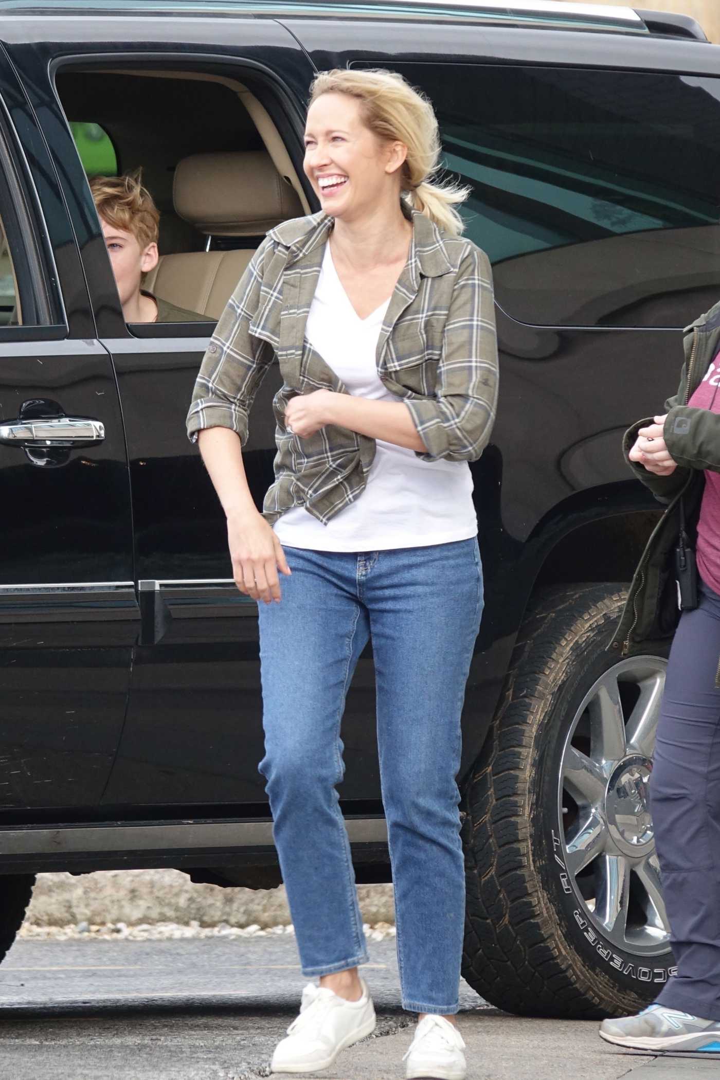 Anna Camp in a Plaid Shirt on the Set of Unexpecting in Fayetteville 12/10/2021