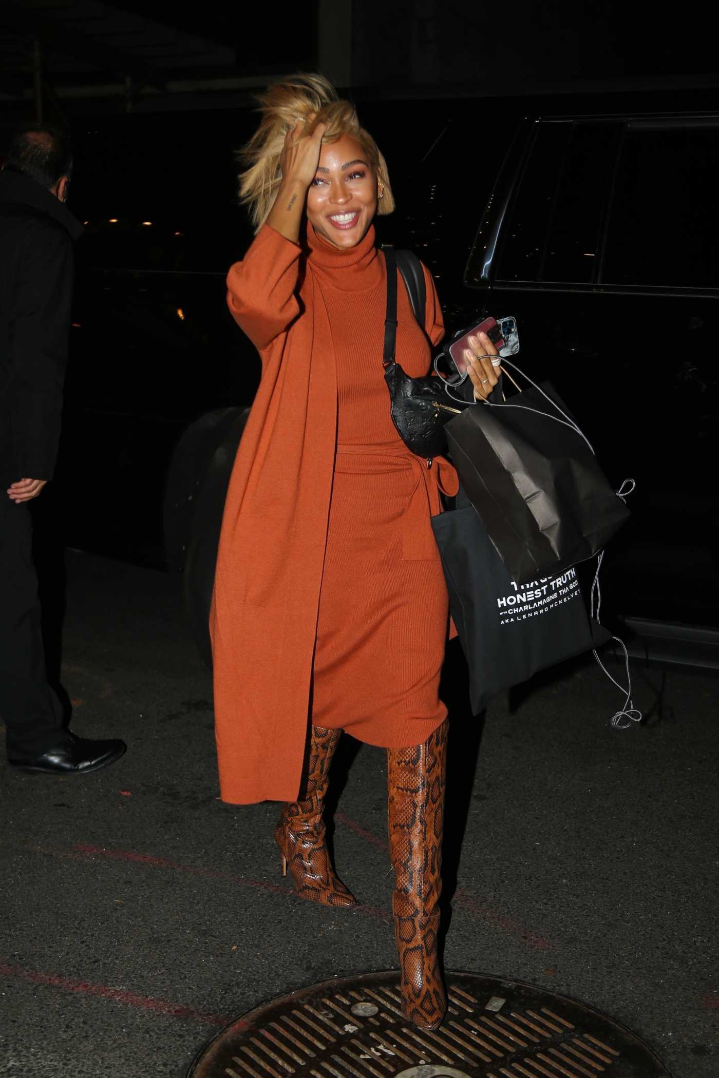 Meagan Good in an Orange Outfit Was Seen Out in New York 12/02/2021