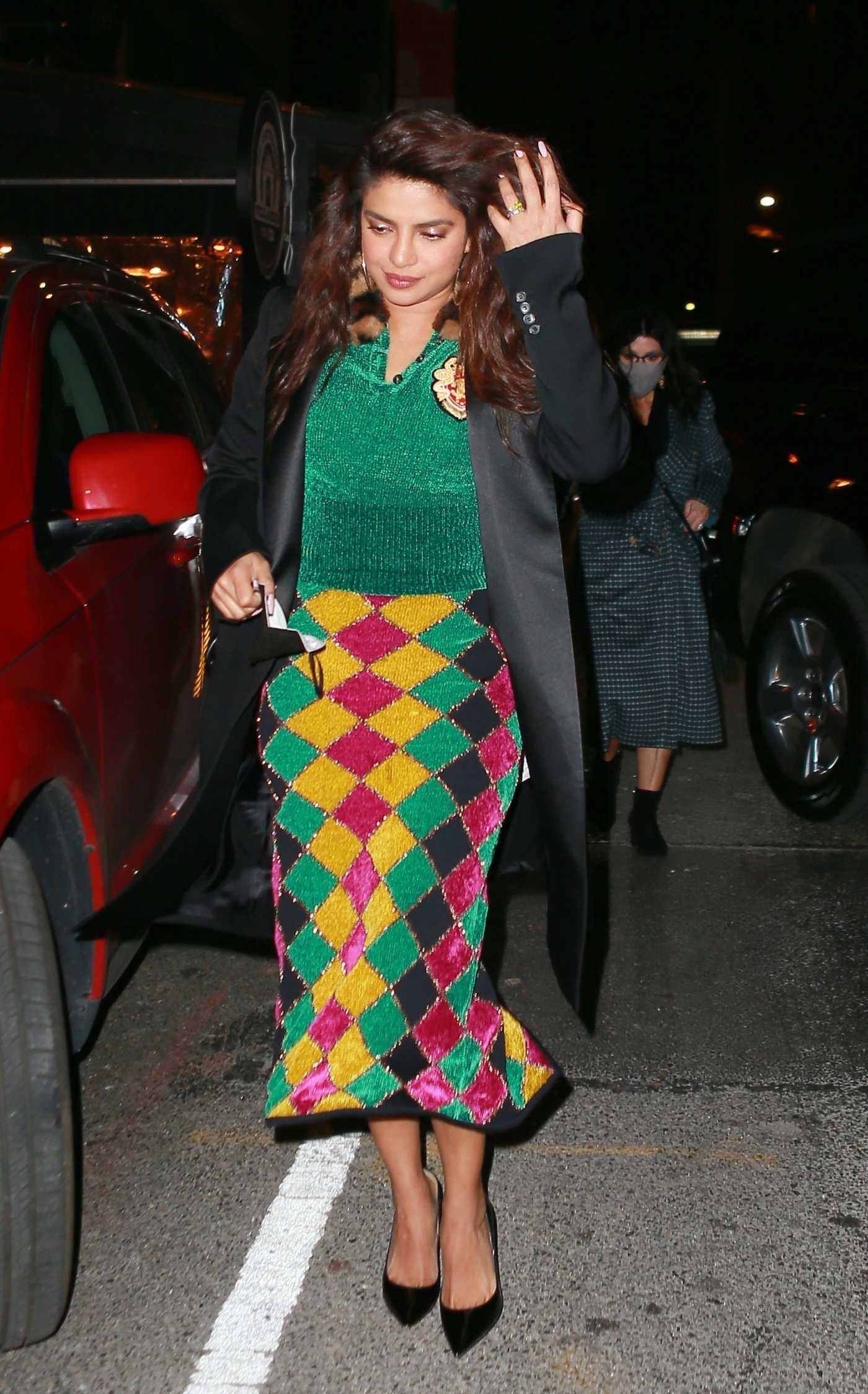 Priyanka Chopra in a Patterned Skirt Heads to Dinner at SONA Restaurant in New York City 12/14/2021