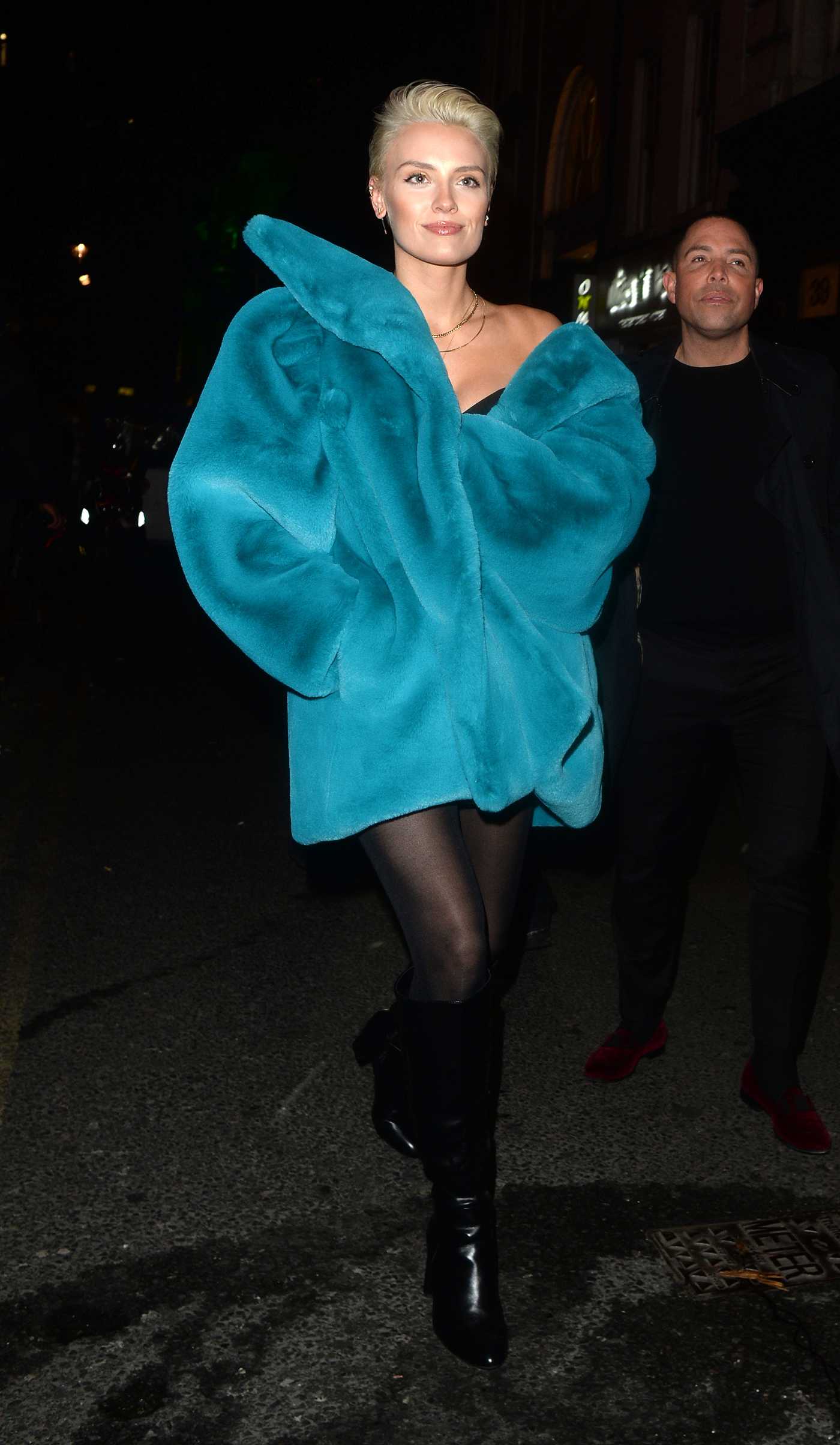 Wallis Day in a Blue Fur Coat Arrives at the Vas J Morgans Party in London 12/02/2021