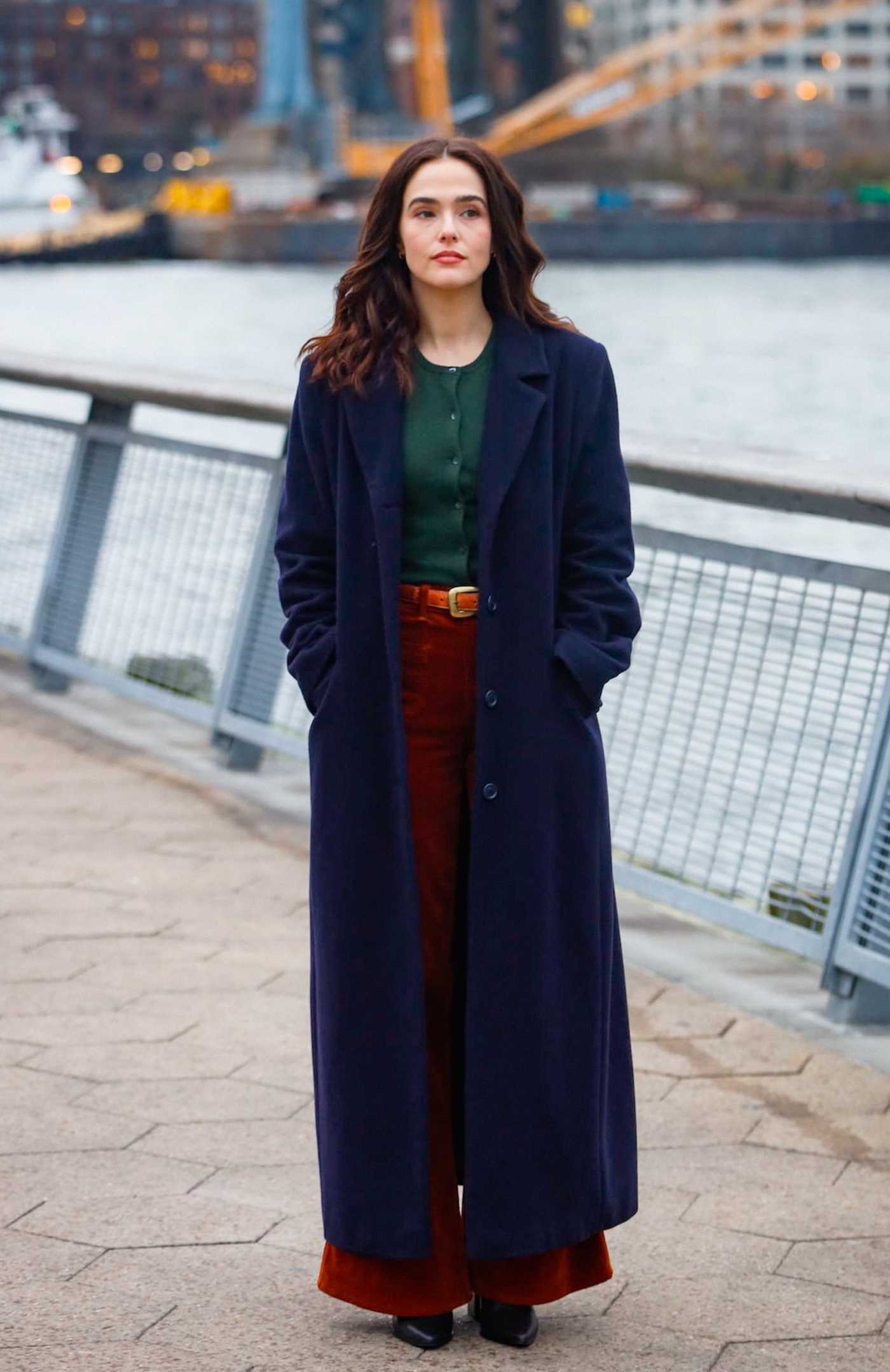 Zoey Deutch in a Blue Coat on the Set of the Something From Tiffany's in New York 12/15/2021