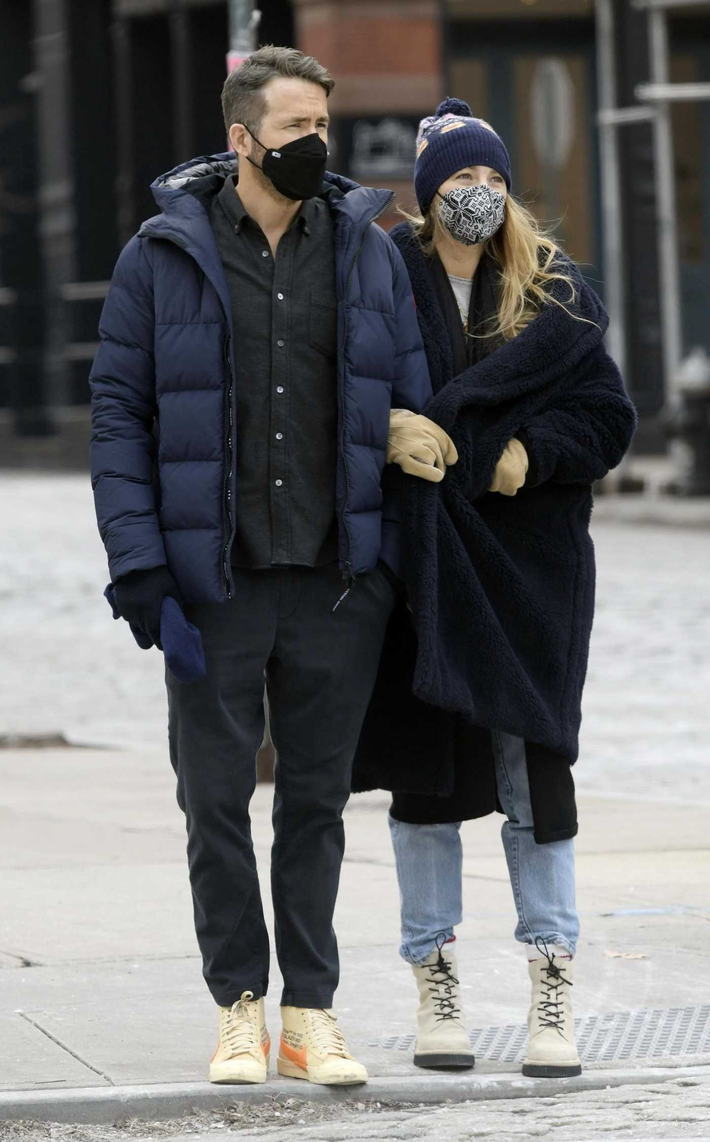 Blake Lively in a Blue Faux Fur Coat Was Seen Out with Ryan Reynolds in Tribeca in New York 01/24/2022