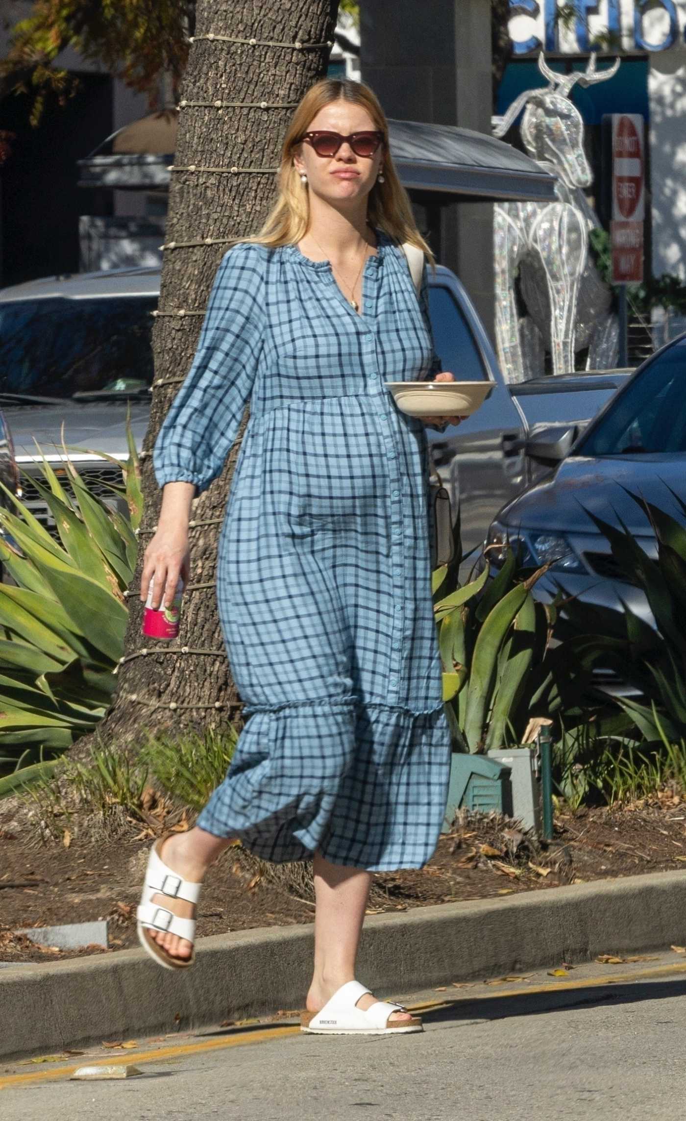 Mia Goth in a Blue Plaid Dress Has Lunch at Cava Restaurant with Shia LaBeouf in Pasadena 01/03/2022
