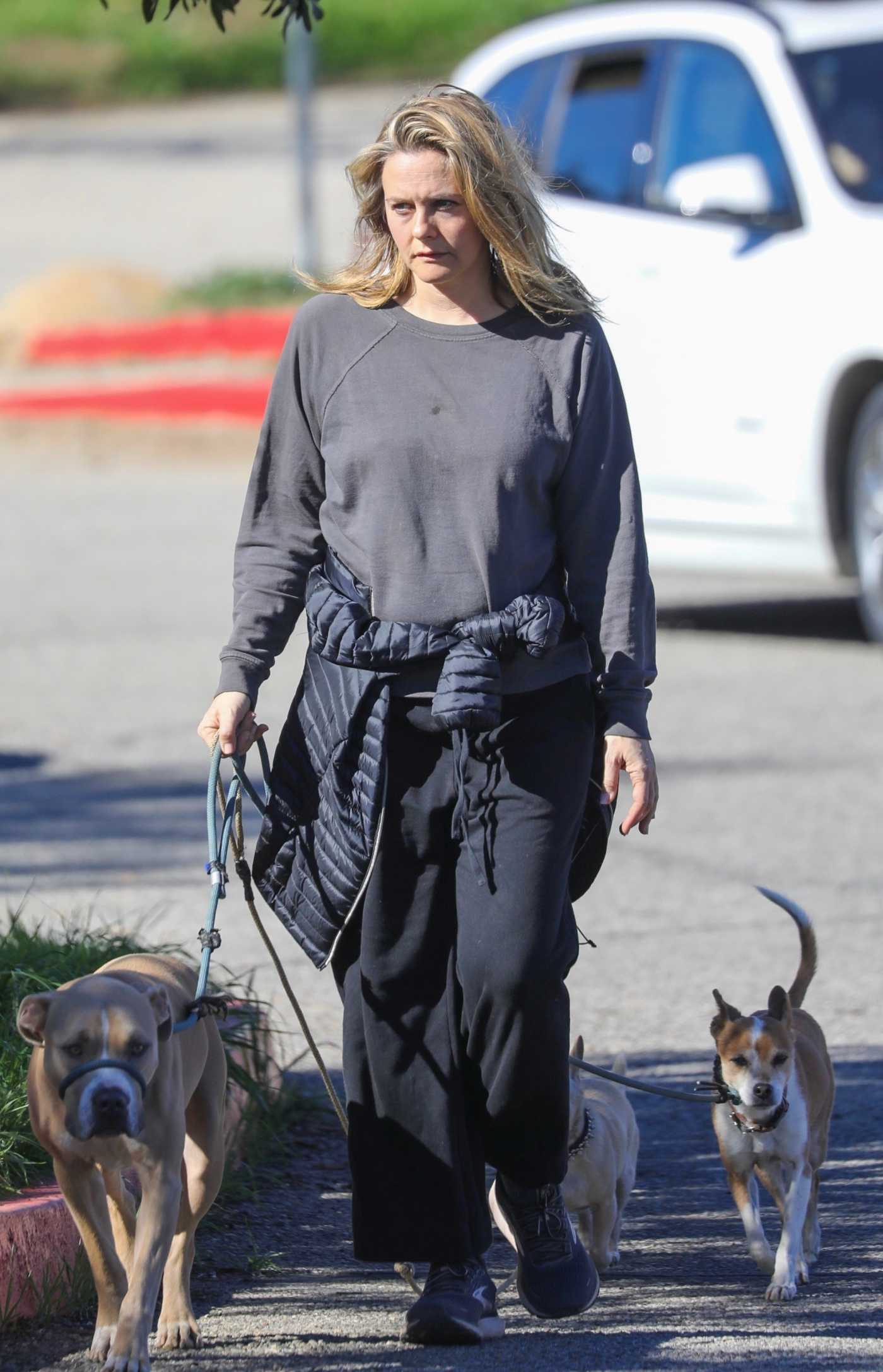 Alicia Silverstone in a Grey Sweatshirt Walks Her Dogs in Los Angeles 01/30/2022
