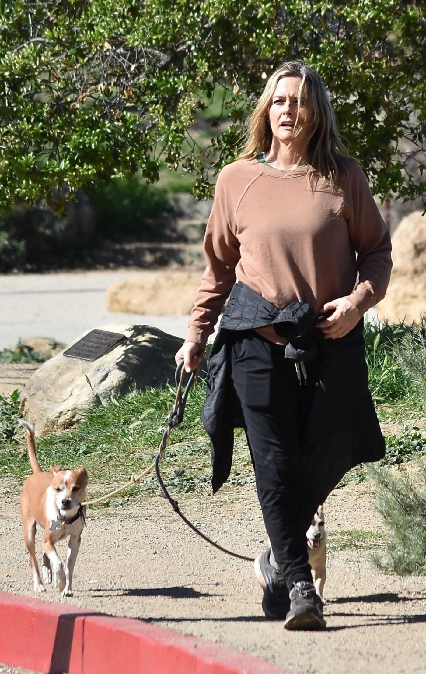 Alicia Silverstone in a Tan Sweatshirt Walks Her Dogs in Sherman Oaks 02/02/2022