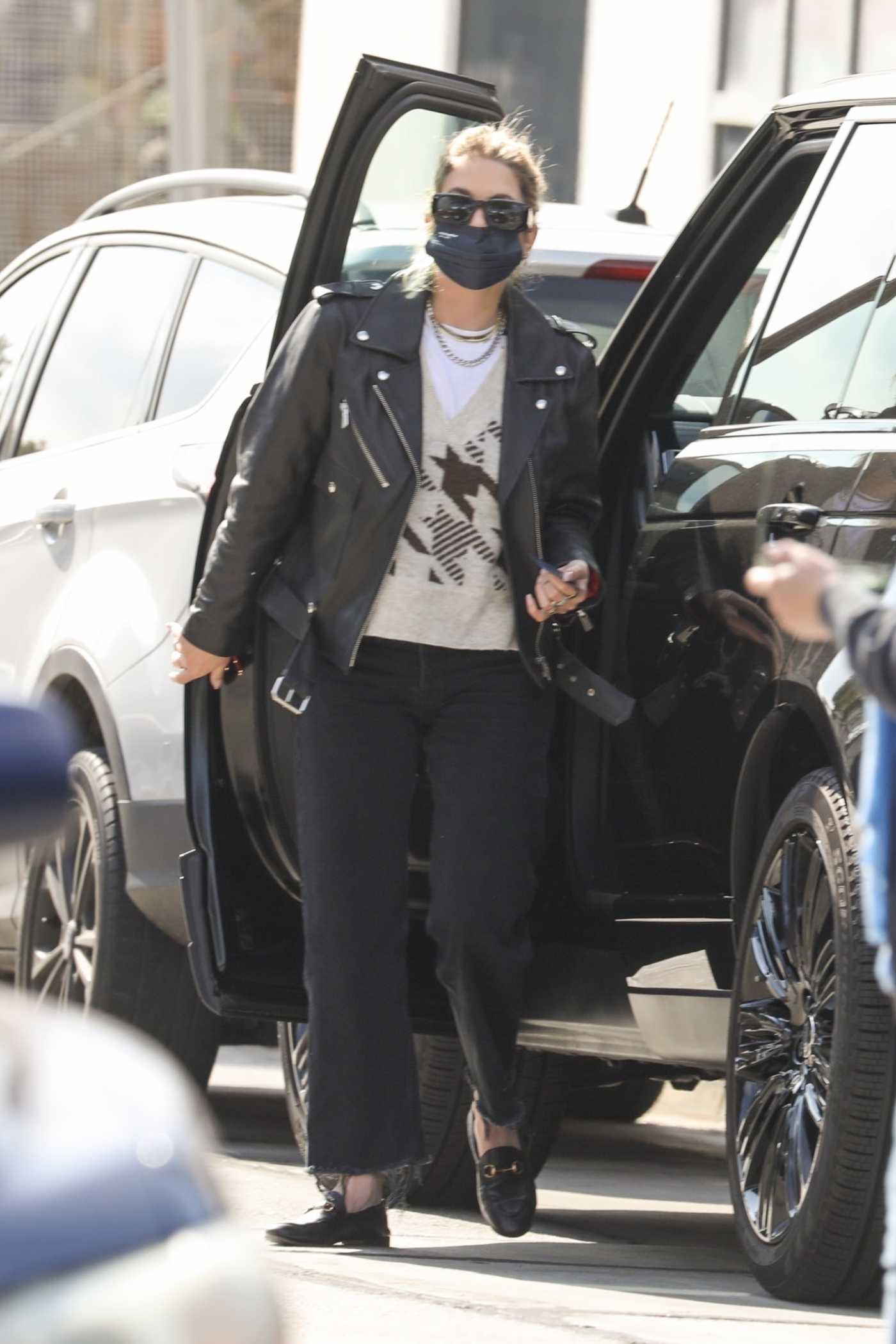 Ashley Benson in a Black Leather Jacket Arrives at the Hair Salon in West Hollywood 02/01/2022