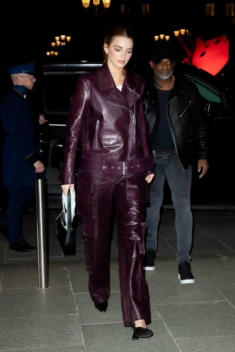 Kendall Jenner in a Purple Leather Pantsuit