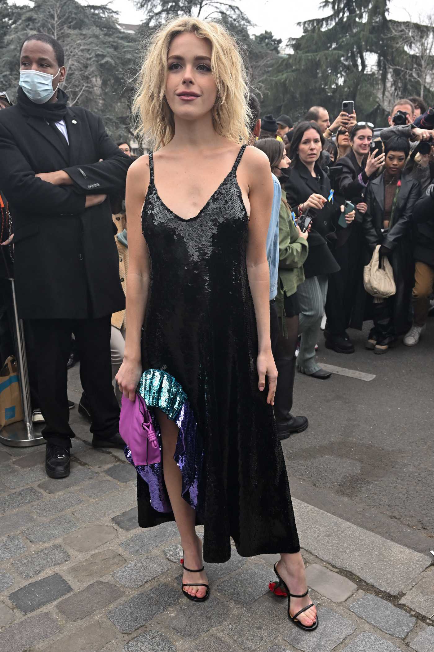 Kiernan Shipka in a Black Dress Arrives at 2022 Loewe Fashion Show in Paris 03/04/2022