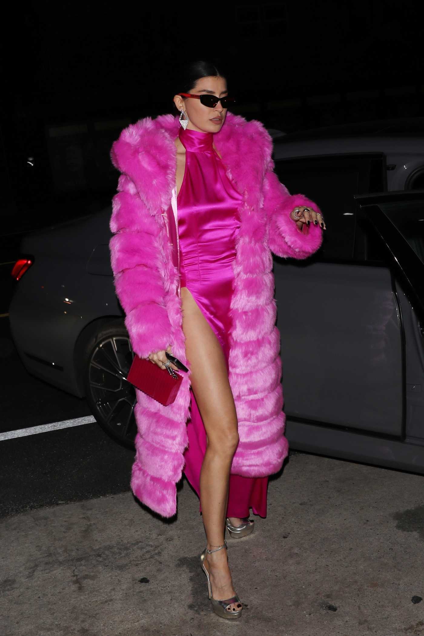 Nicole Williams in a Pink Fur Coat Arrives at Giorgio Baldi Italian Restaurant in Santa Monica 03/16/2022