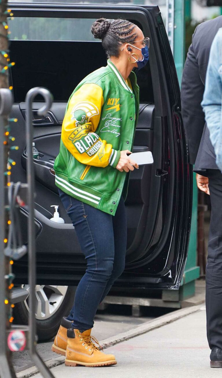Alicia Keys in a Green Leather Jacket