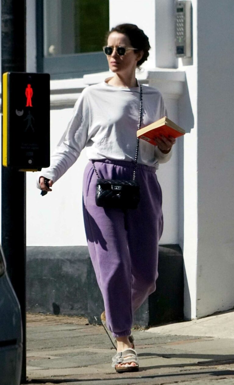 Claire Foy in a Purple Sweatpants