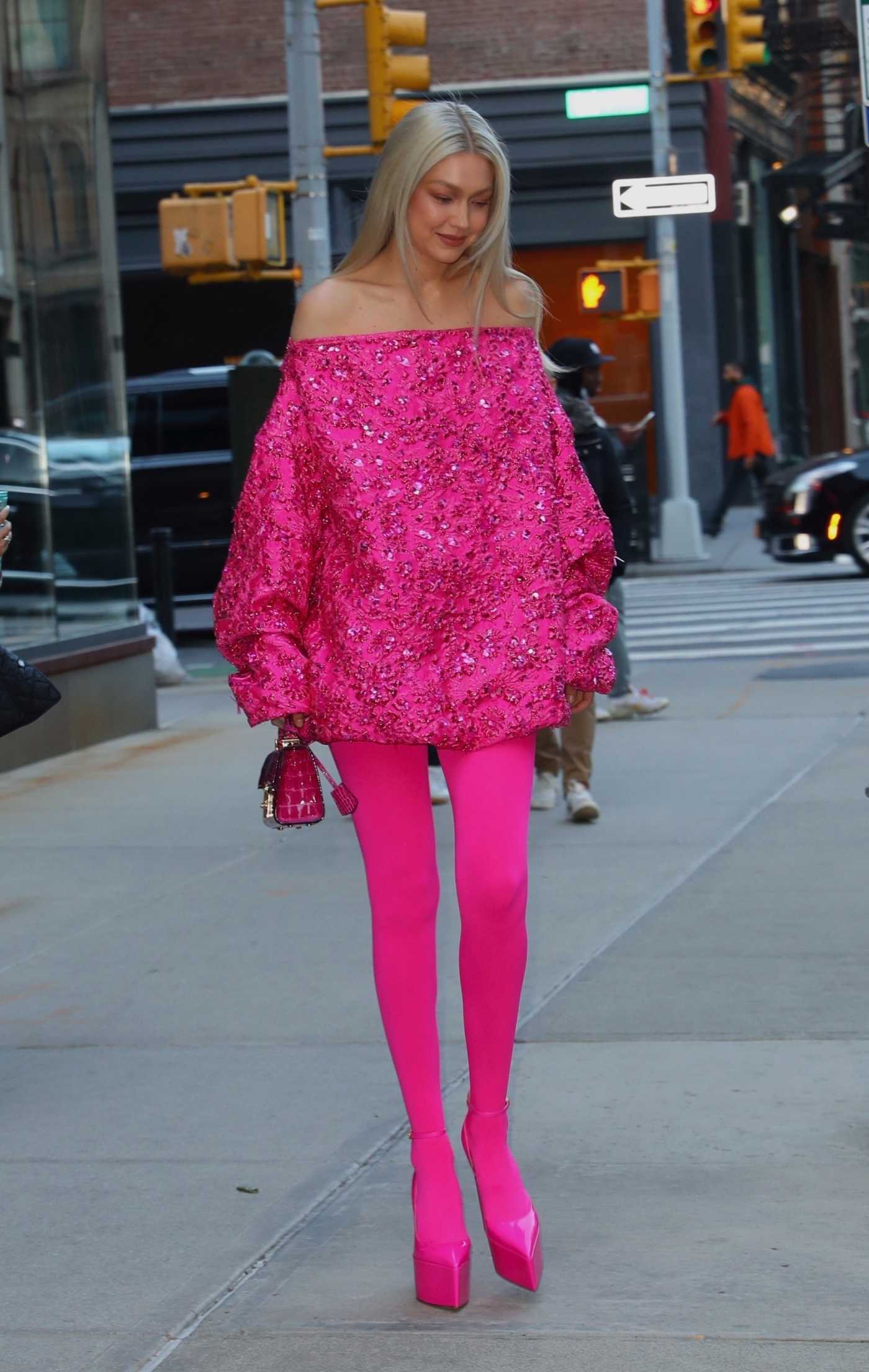 Gigi Hadid in a Pink Ensemble Leaves 2022 Prince's Trust Gala at Cipriani 25 Broadway in New York City 04/28/2022