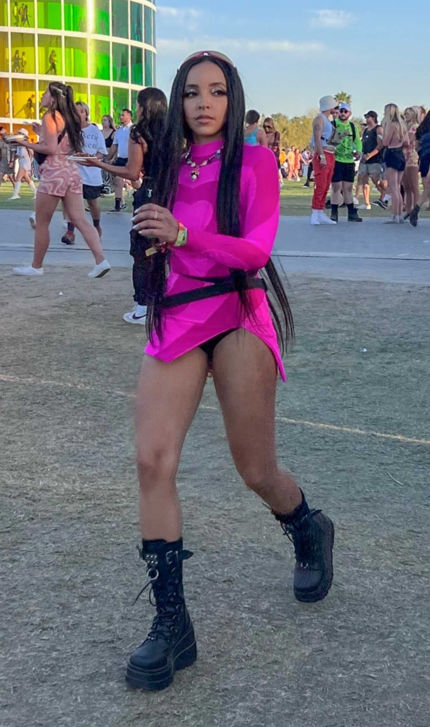 Tinashe in a Purple Mini Dress Attends 2022 Coachella Valley Music and Arts Festival in Indio 04/15/2022