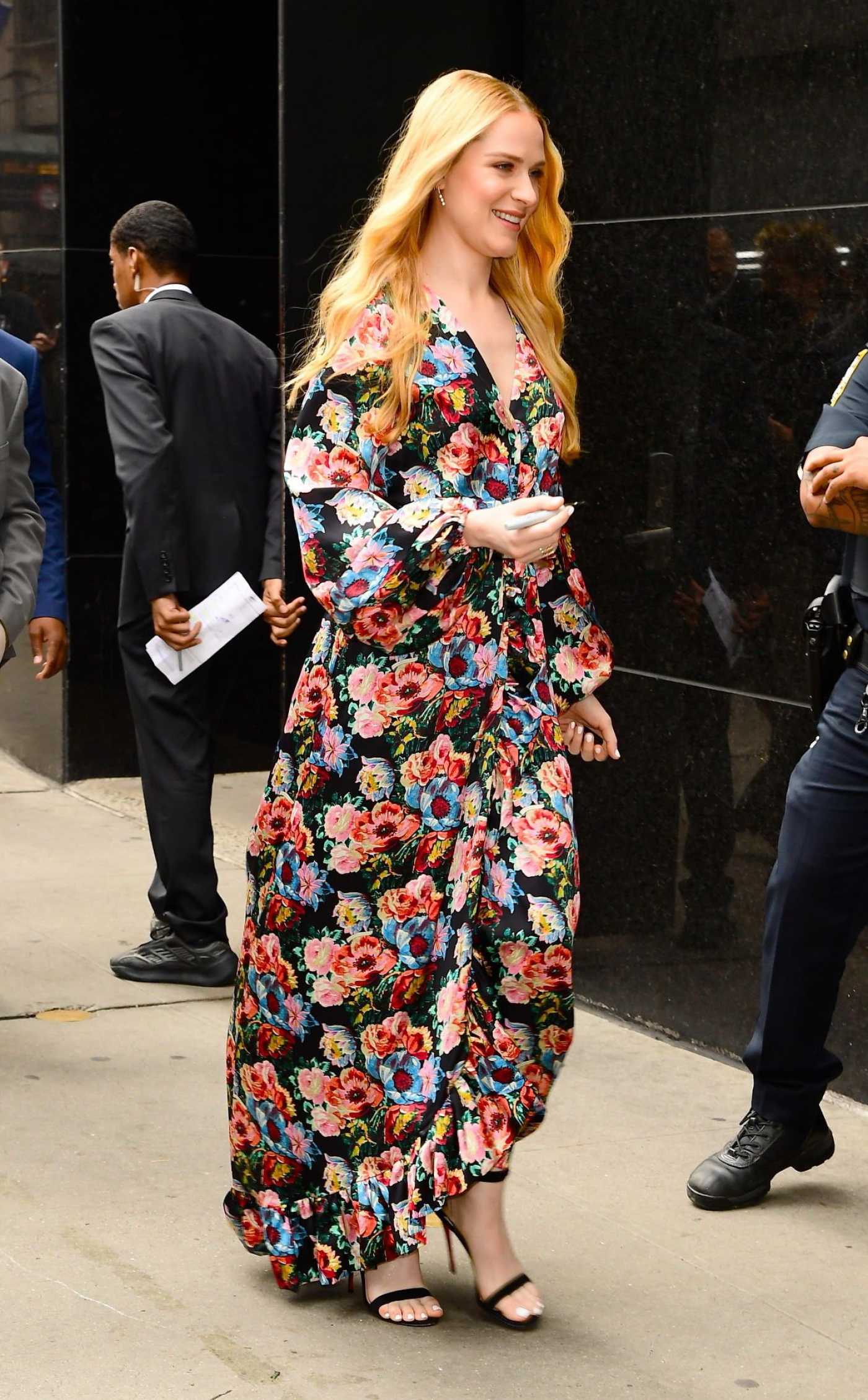 Evan Rachel Wood in a Floral Dress Arrives at the World Trade Center in New York City 06/21/2022