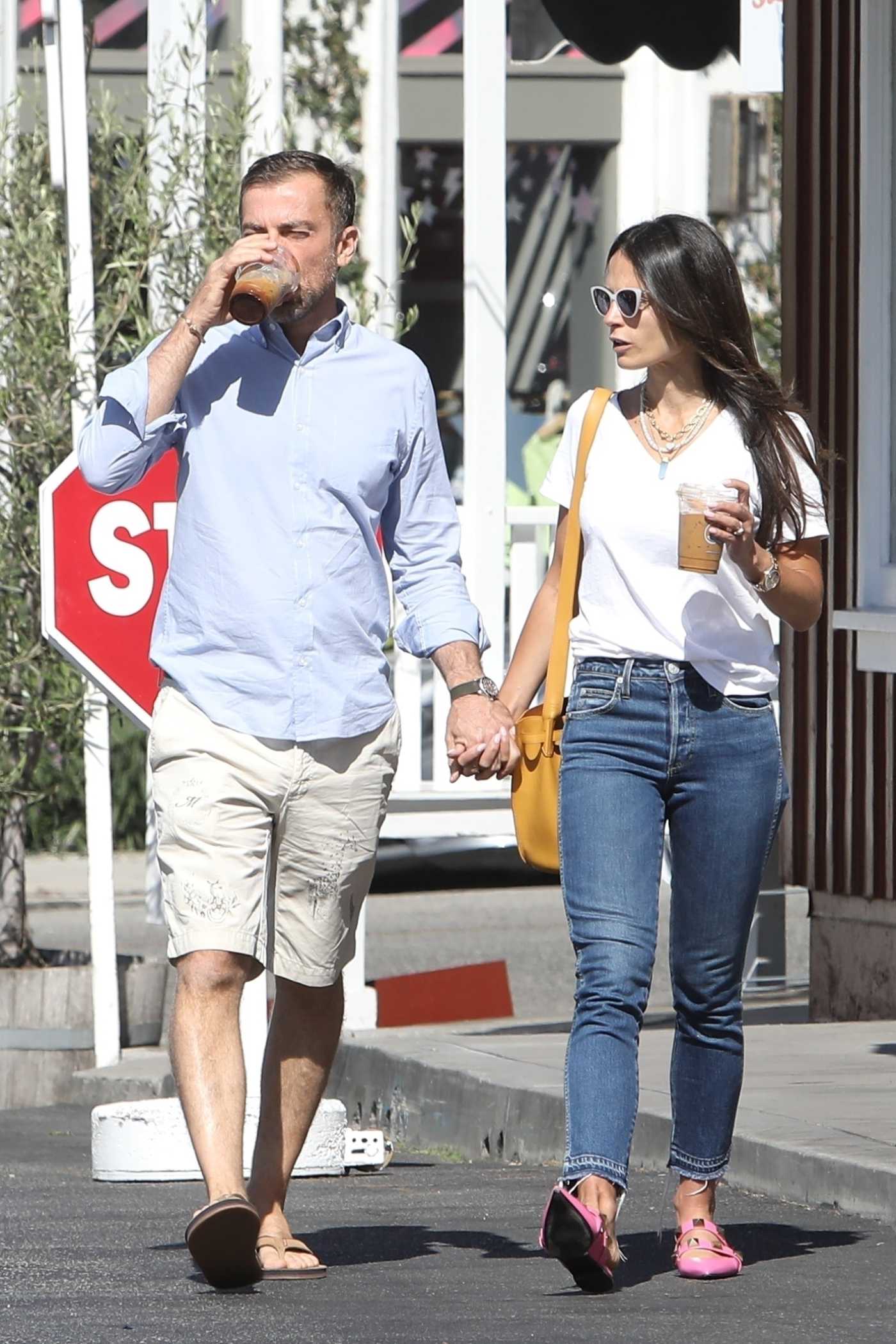 Jordana Brewster in a White Tee Was Seen During an Early Morning Coffee Run Out with Mason Morfit in Brentwood 06/24/2022