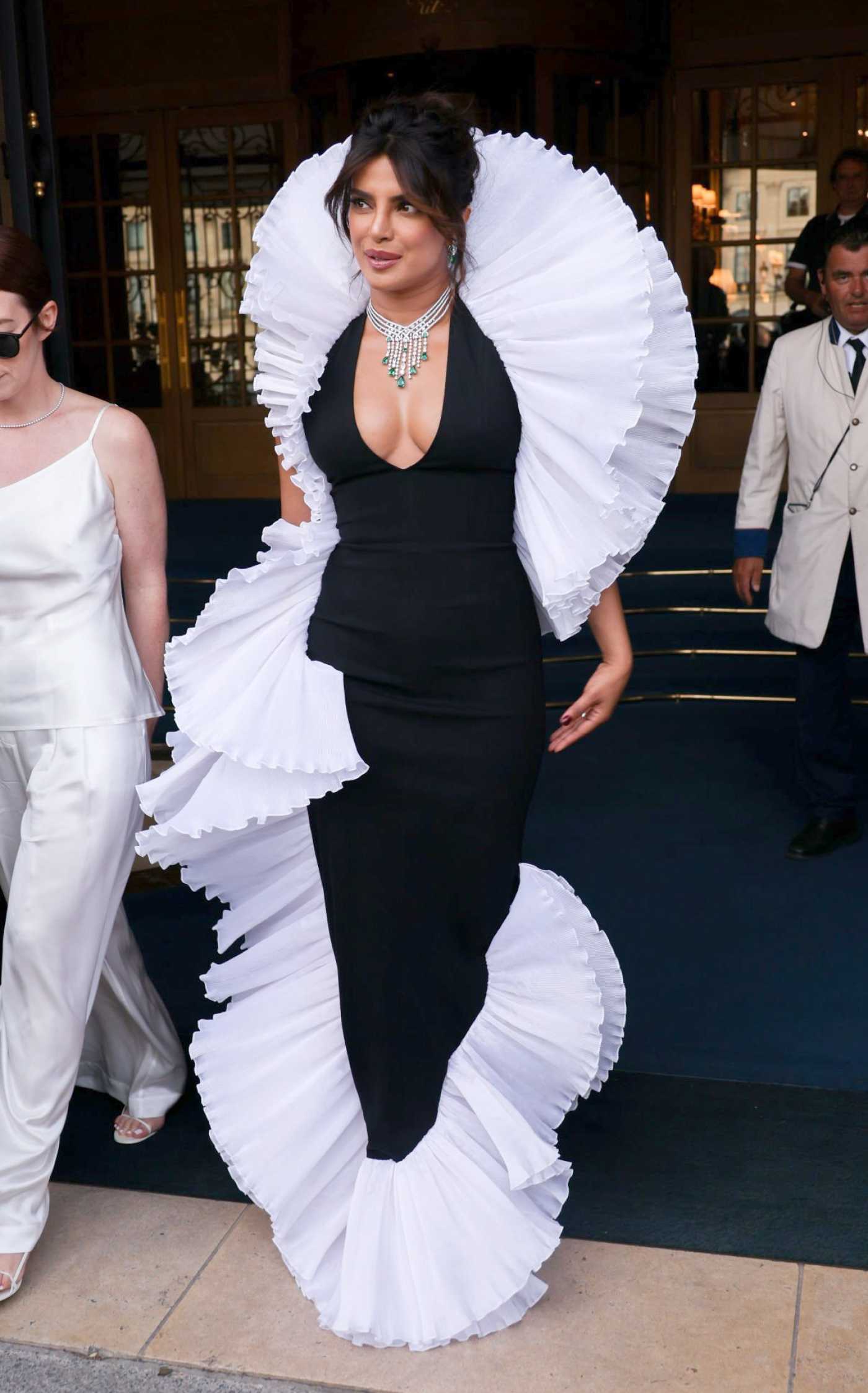 Priyanka Chopra in a Black and White Dress Leaves the Ritz Hotel in Paris 06/07/2022