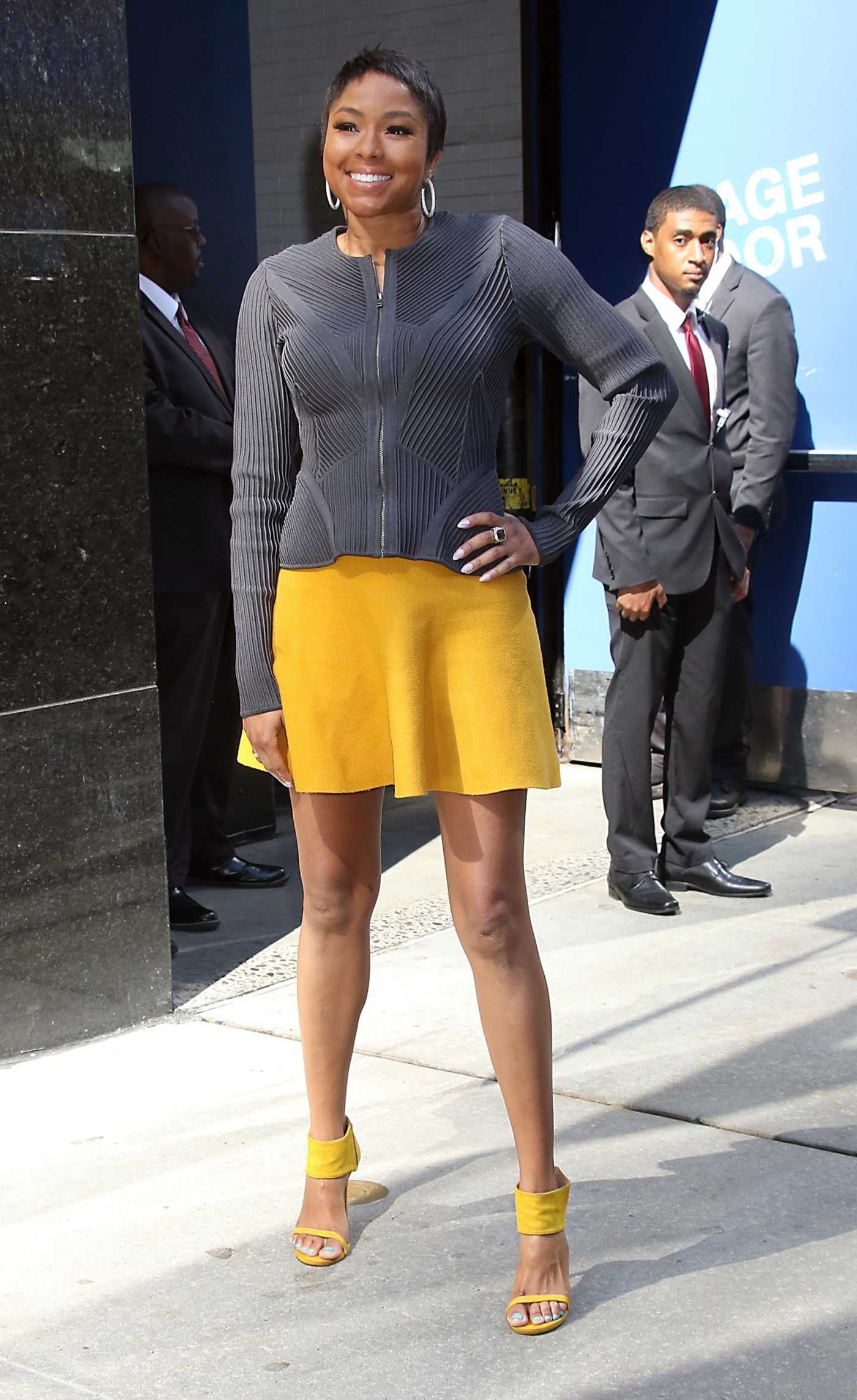 Alicia Quarles in a Yellow Mini Skirt Arrives on the Set of Good Morning America in New York 07/13/2022