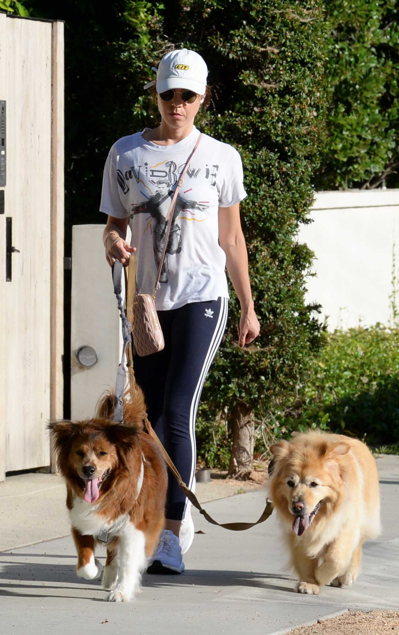 Aubrey Plaza in a White Tee Walks Her Dogs in Los Angeles 07/20/2022