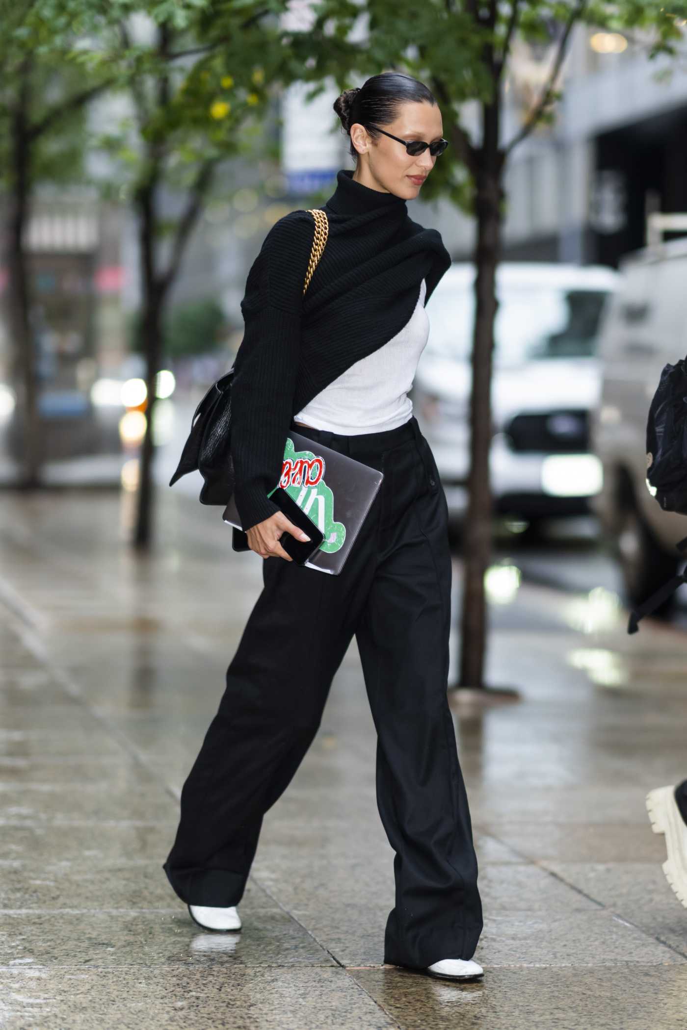 Bella Hadid in a Black Pants Exits an Office Building in New York City 07/18/2022