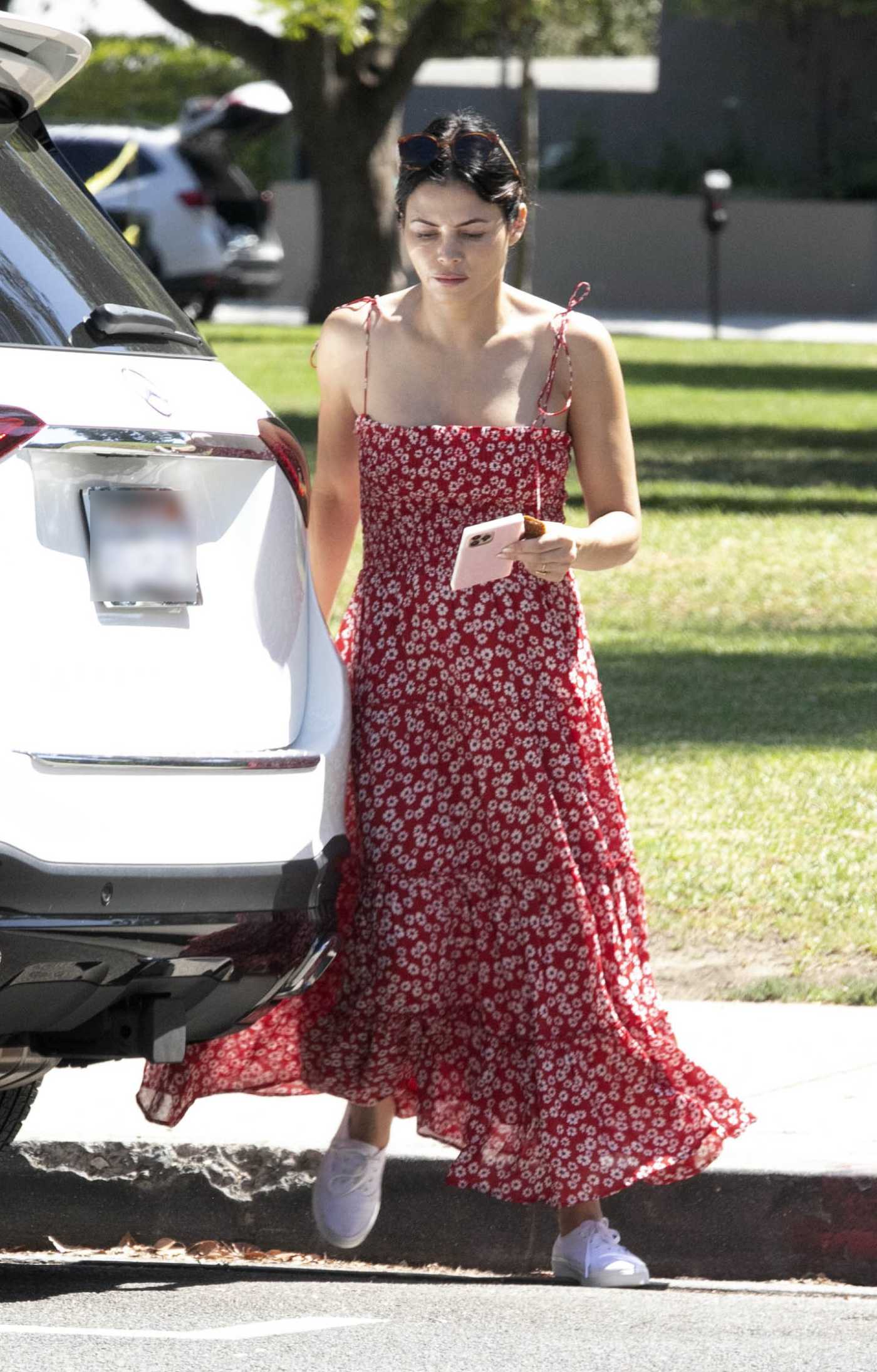 Jenna Dewan in a Red Floral Dress Visits a Park in Los Angeles 08/18/2022