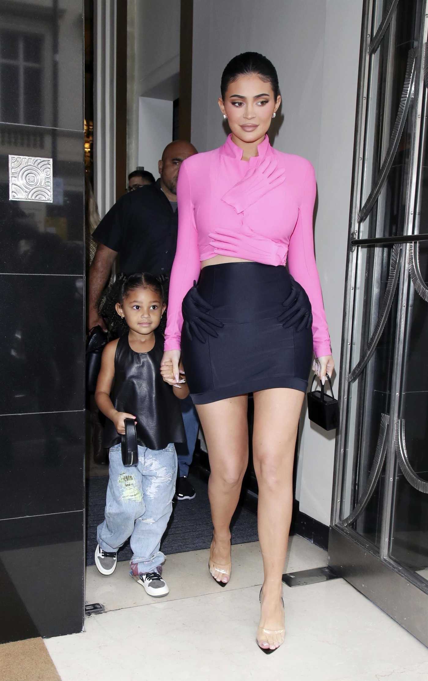 Kylie Jenner in a Purple Blouse Leaves Claridges Hotel with Her Daughter Stormi in London 08/04/2022