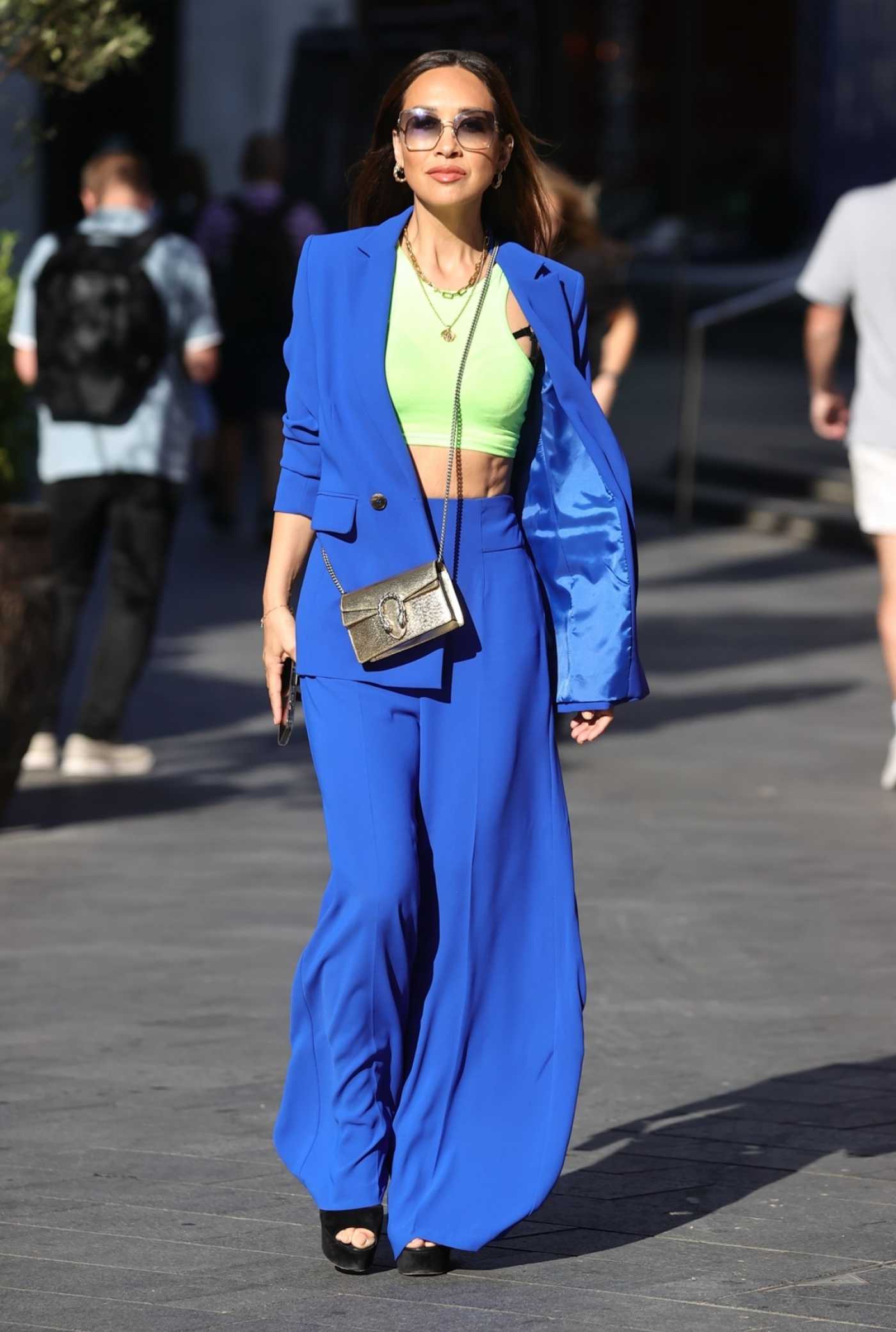 Myleene Klass in Electric Blue Trouser Suit Was Seen Out in Soho in London 08/26/2022