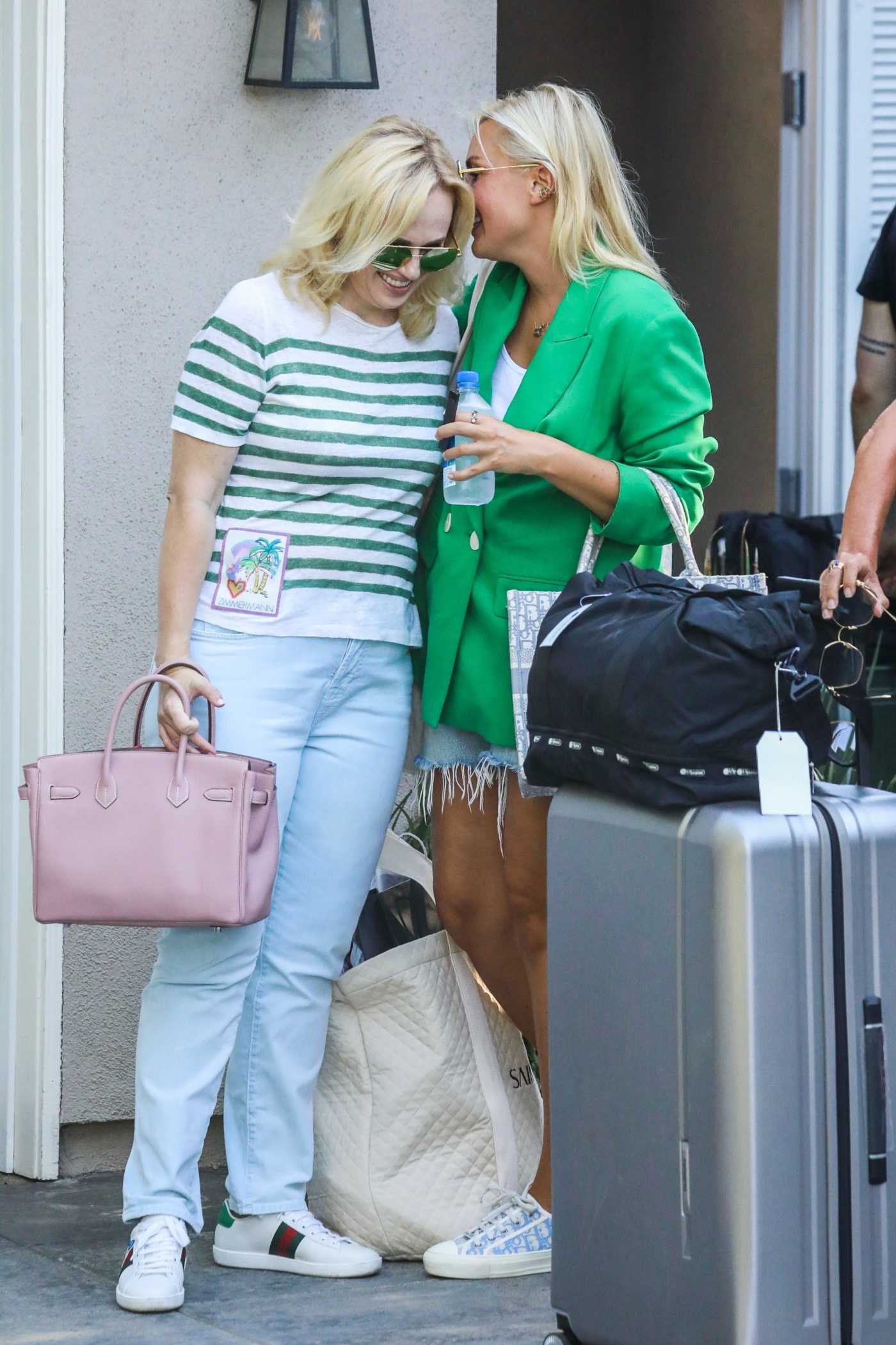Rebel Wilson in a Striped Tee Was Seen Out with Ramona Agruma in Brentwood 08/14/2022