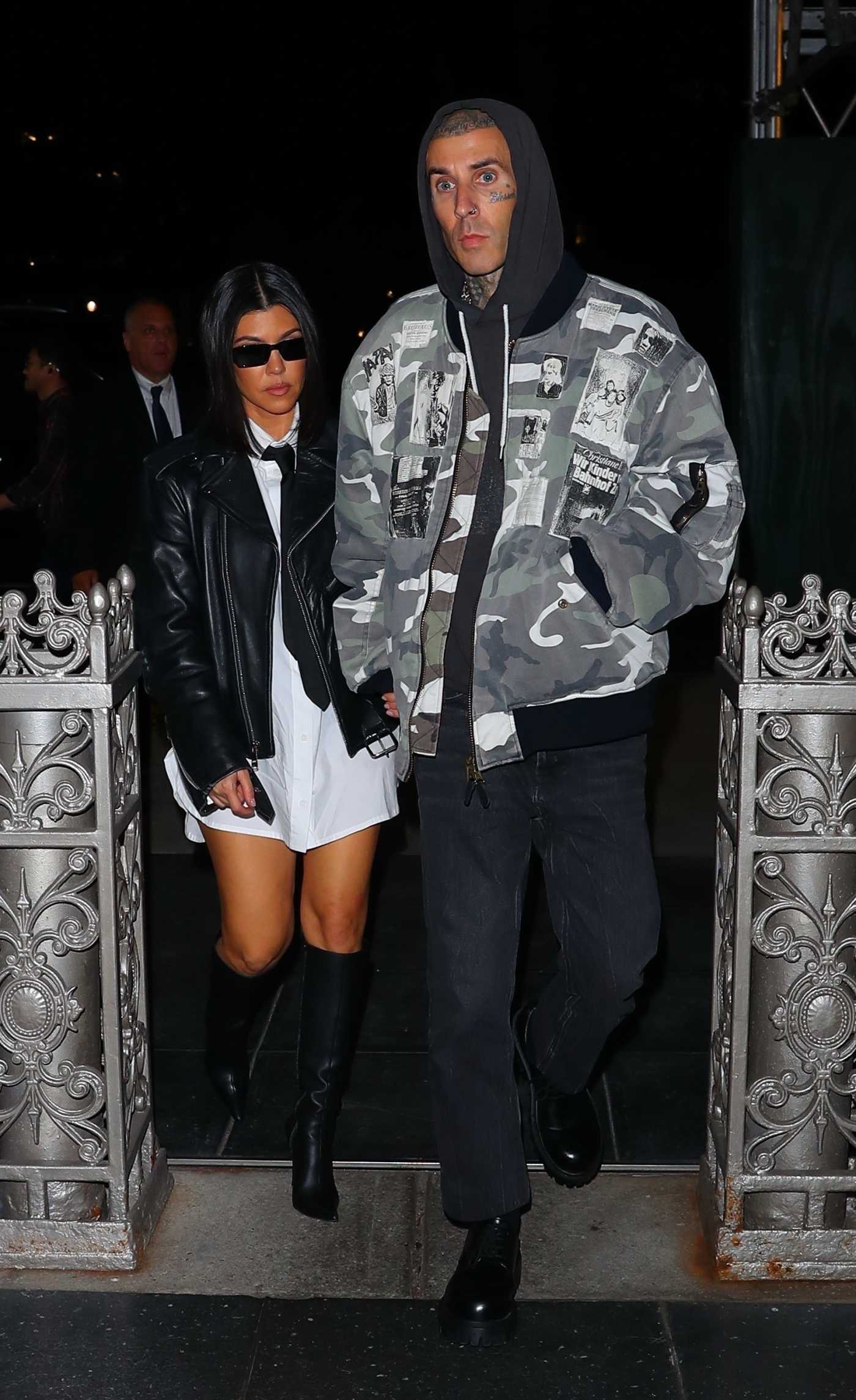 Kourtney Kardashian in a Black Leather Jacket Arrives with Travis Barker at Eleven Masidon Park Restaurant in New York 09/13/2022