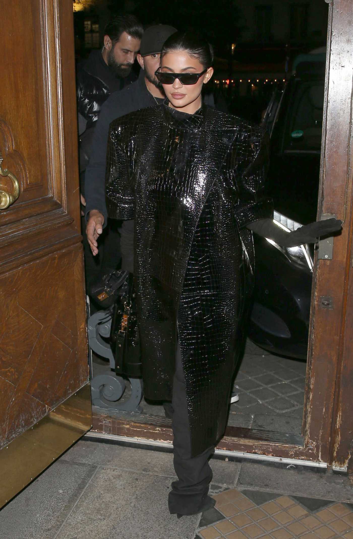 Kylie Jenner in a Black Leather Coat Leaves Her Hotel in Paris 09/28/2022