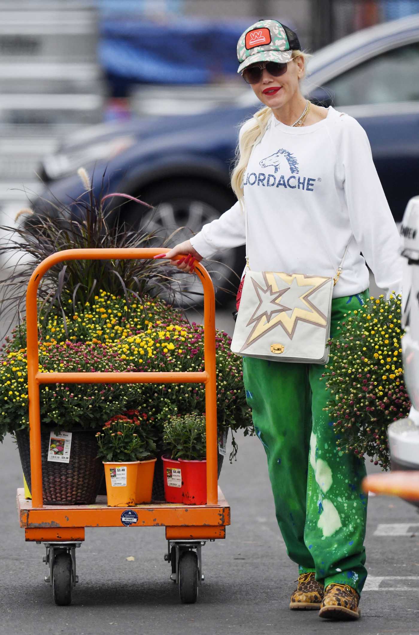 Gwen Stefani in a White Sweatshirt Pulls a Cart Full of Garden Flowers in Los Angeles 10/15/2022