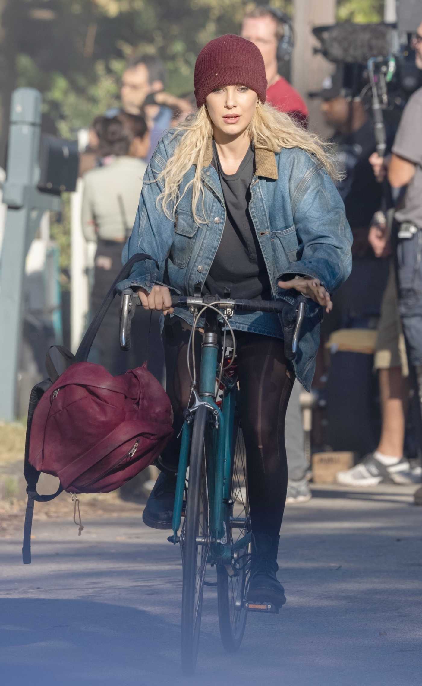 Millie Bobby Brown in a Blue Denim Jacket on the Set of the Netflix Feature The Electric State in Atlanta 10/06/2022