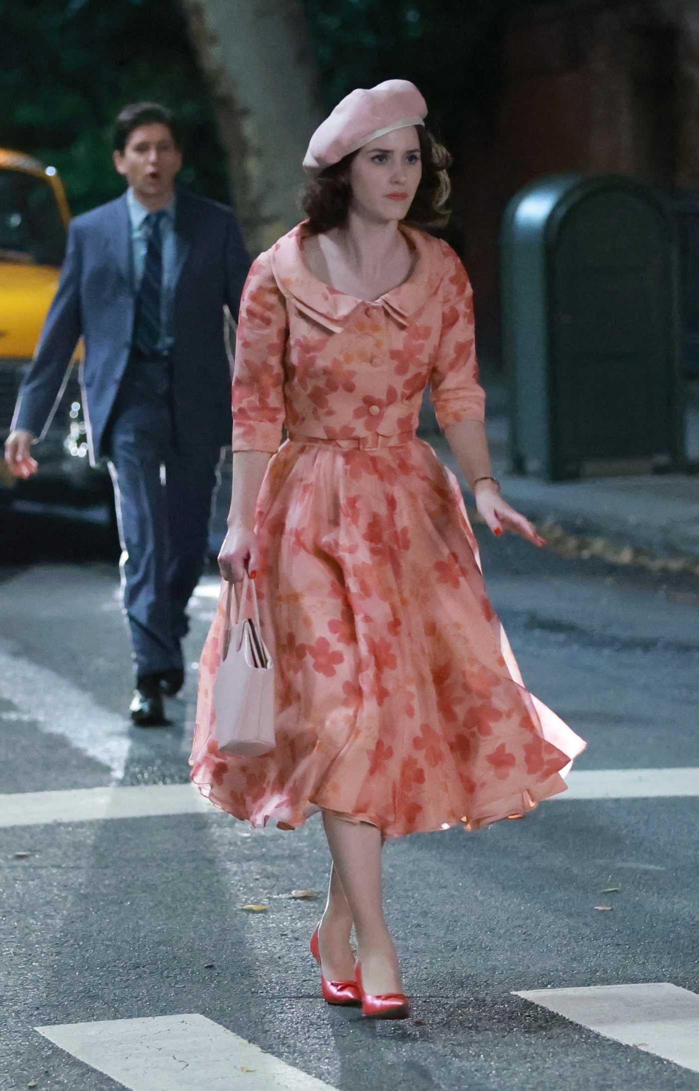 Rachel Brosnahan in a Pink Beret Films The Marvelous Mrs. Maisel in Brooklyn in New York 10/07/2022