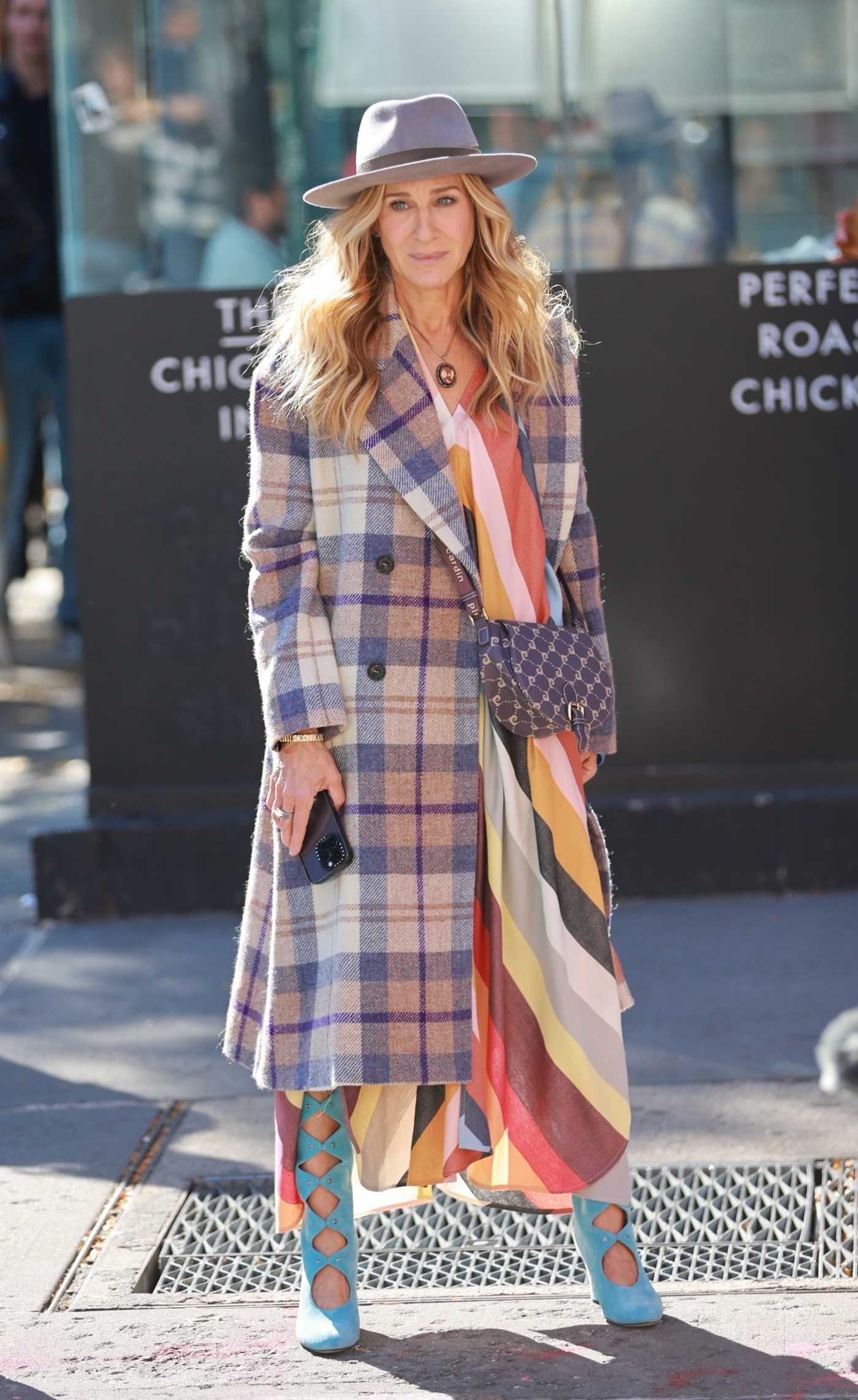 Sarah Jessica Parker in a Plaid Coat on the Set of And Just Like That in New York 11/02/2022