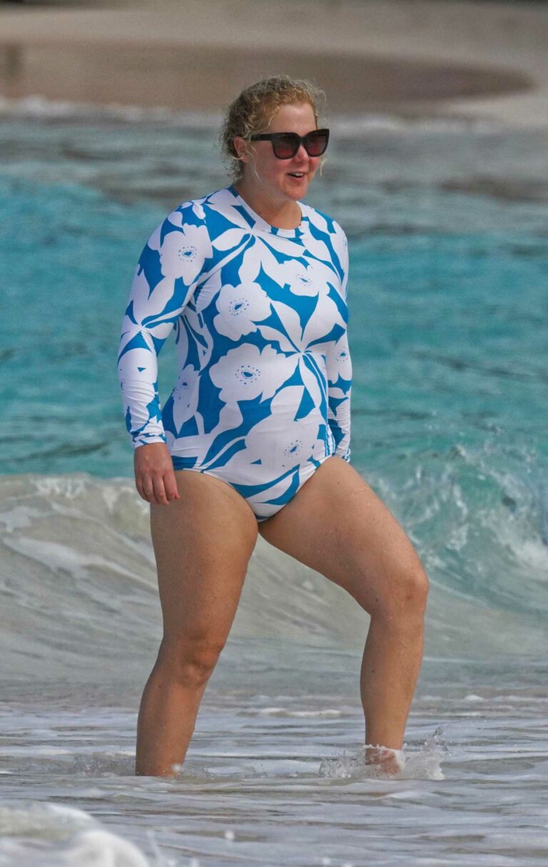 Amy Schumer in a Blue and White Swimsuit