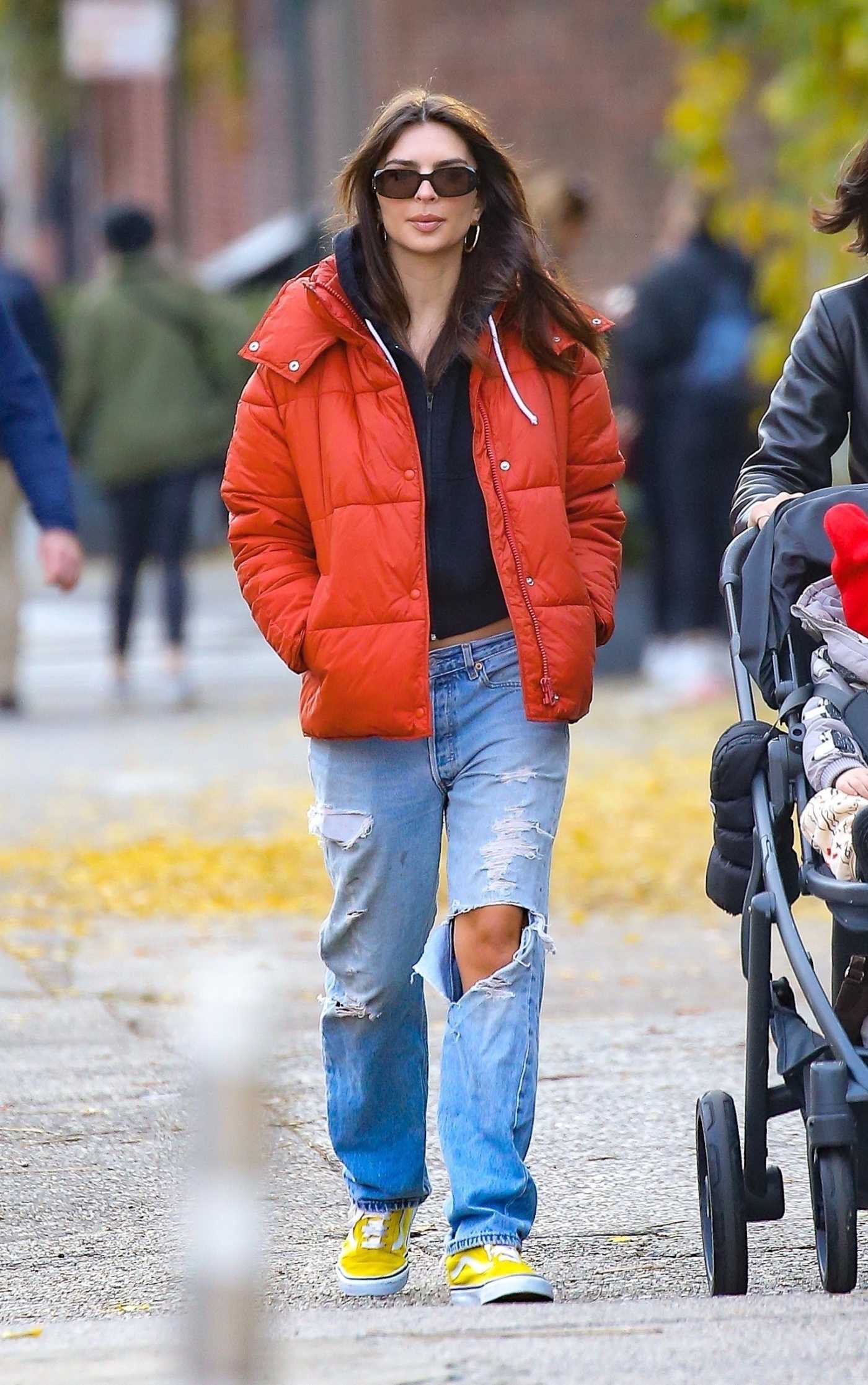Emily Ratajkowski in a Red Puffer Jacket Was Seen Out in New York 12/04/2022