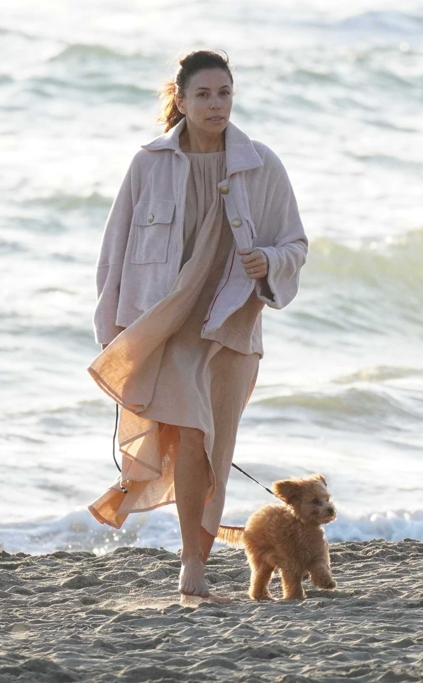 Eva Longoria in a Beige Dress Walks Her Dog on the Beach in Marbella 12/29/2022