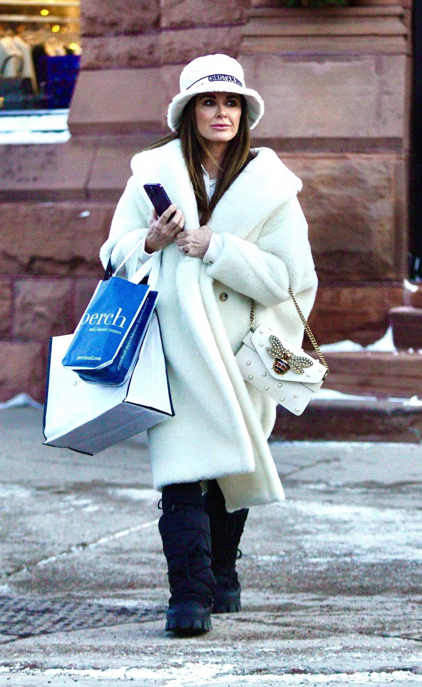 Kyle Richards in a White Fur Coat Was Seen Out in Downtown in Aspen 12/22/2022