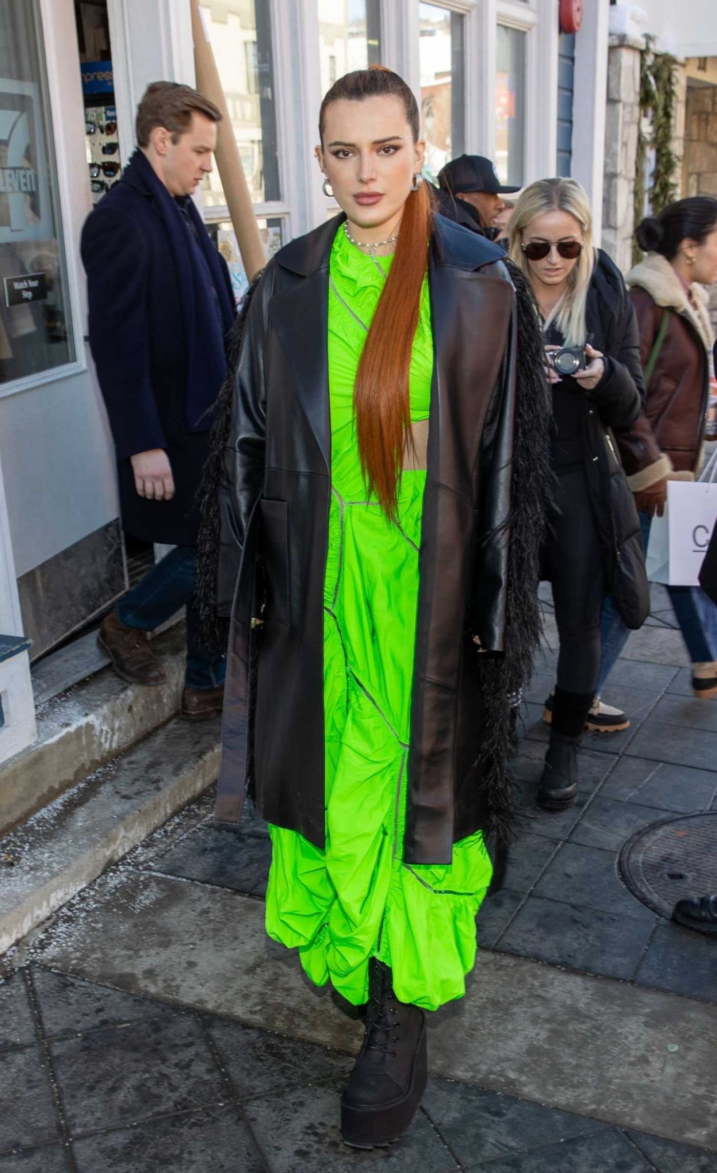 Bella Thorne in a Neon Green Dress Arrives at IndieWire Sundance Studio in Park City 01/23/2023