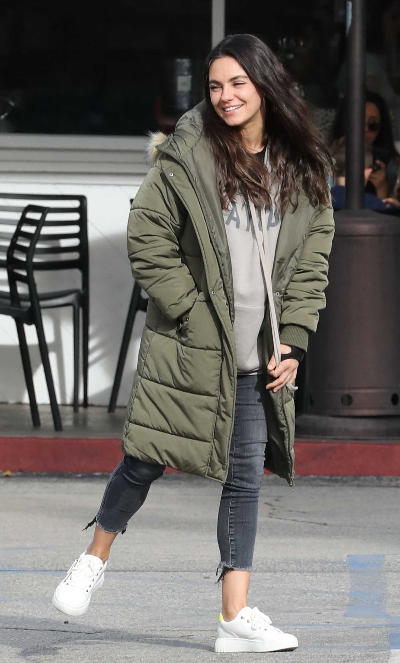 Mila Kunis in an Olive Puffer Coat Leaves a Brunch at the Beverly Glen Deli in Bel Air 01/12/2023
