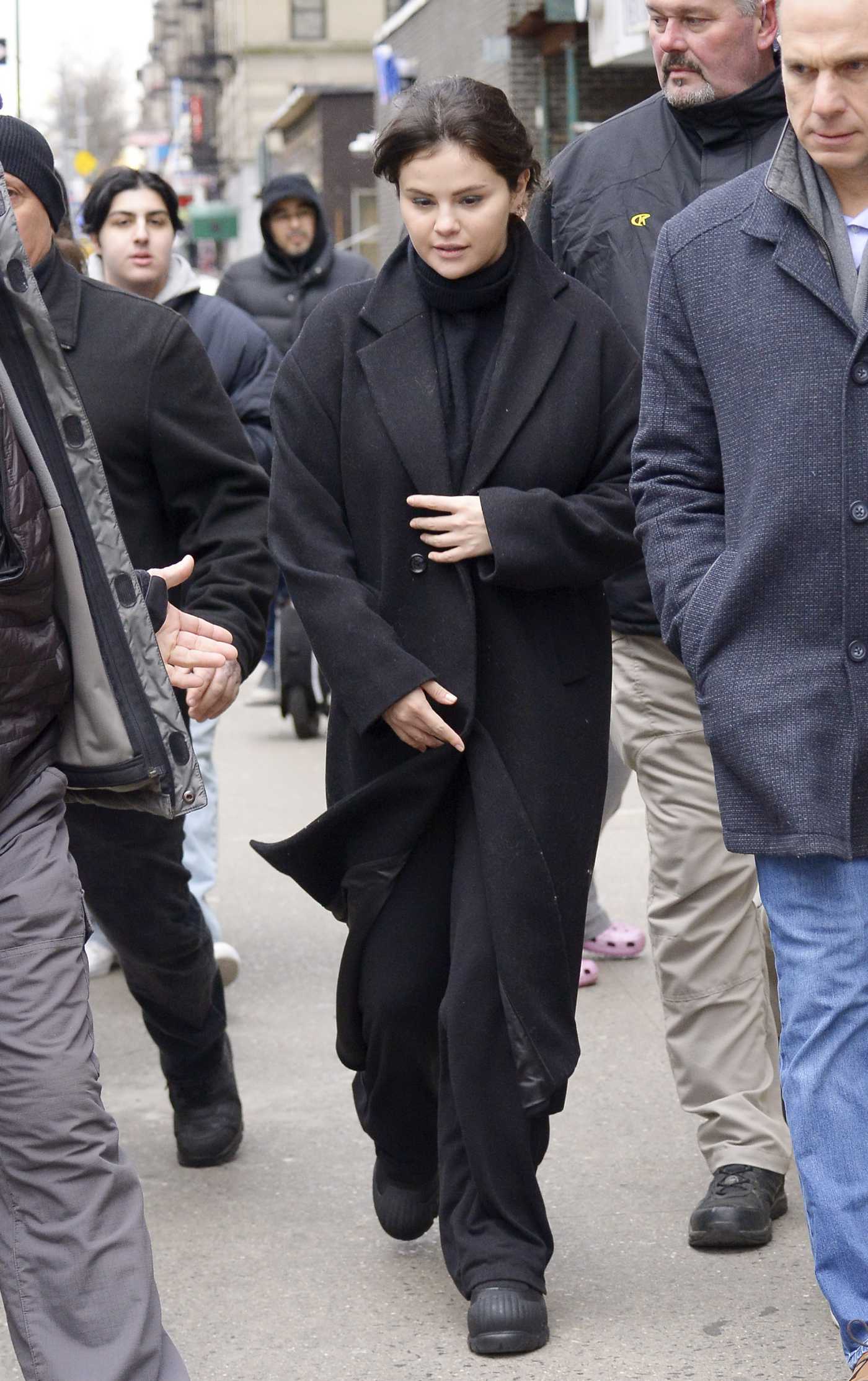 Selena Gomez in a Black Coat on the Set of Only Murderers in the Building in New York City 01/26/2023