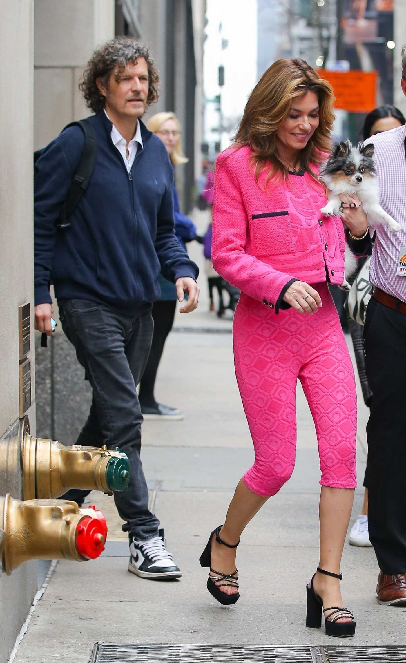 Shania Twain in a Pink Ensemble Carries Her Puppy Out in New York 01/05/2023