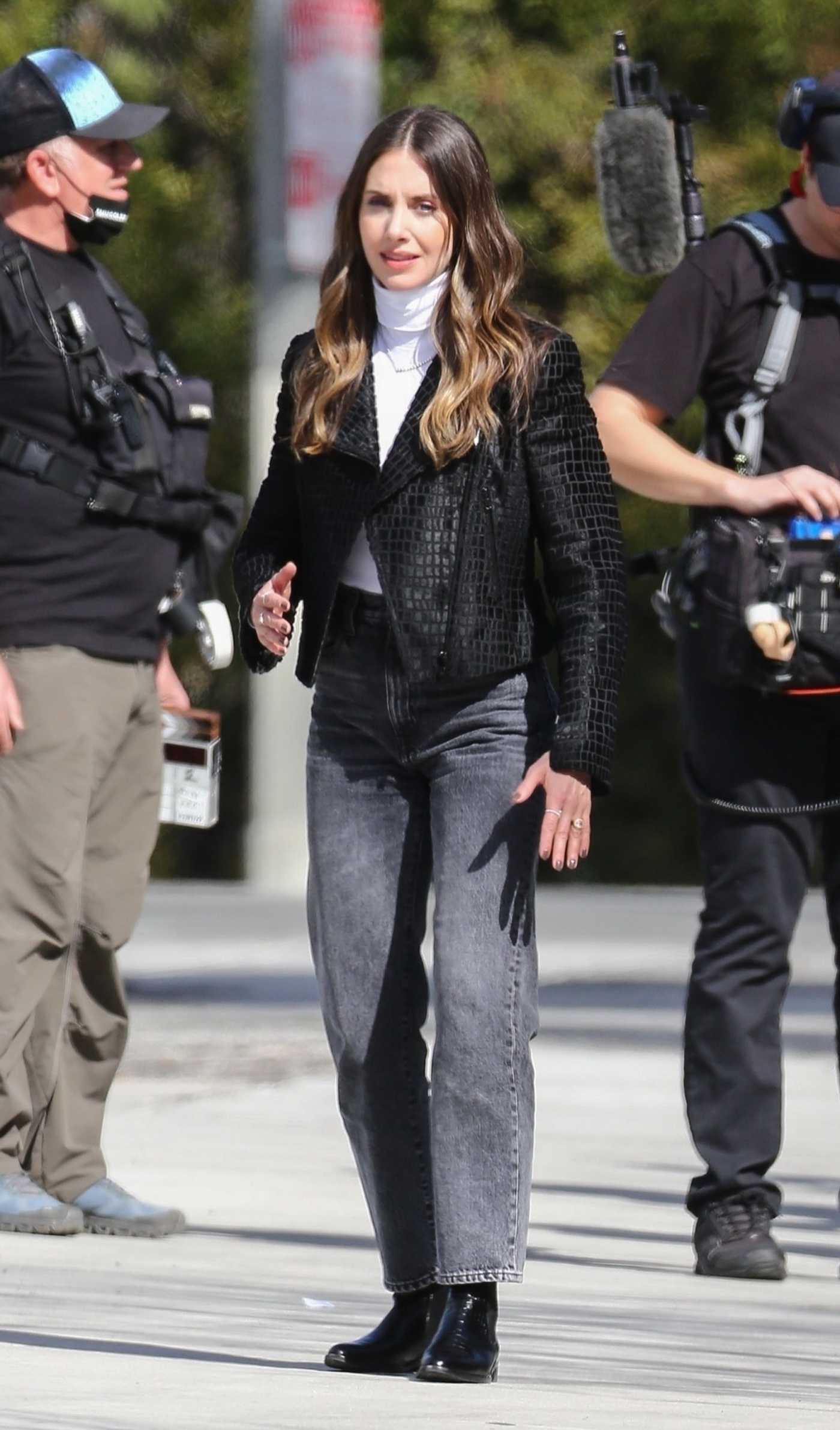 Alison Brie in a Black Jacket Films a Skit for Carpool Karaoke in Los Angeles 02/03/2023
